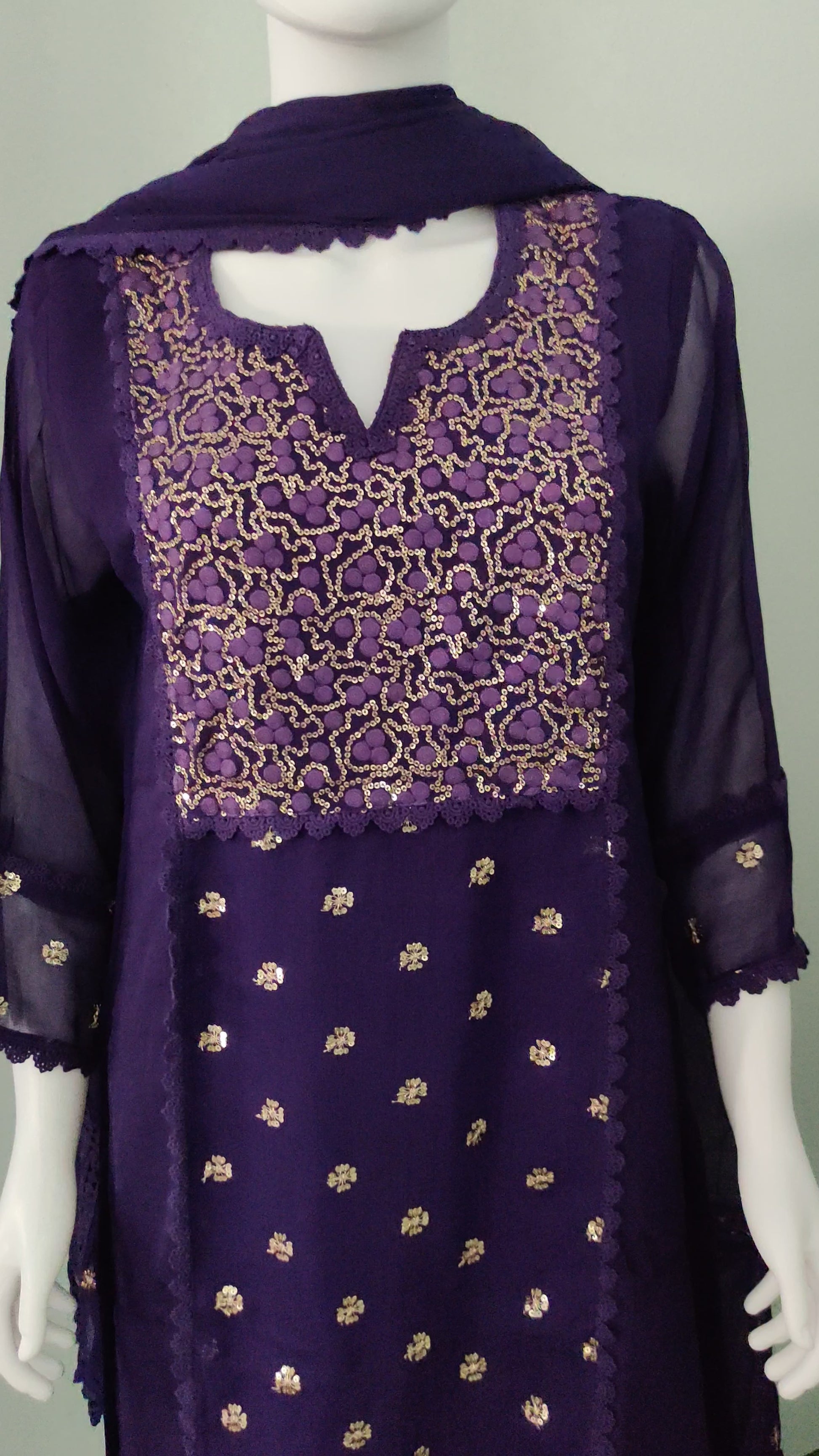 Regal Purple Georgette Ensemble with Antique Gold Embroidery
