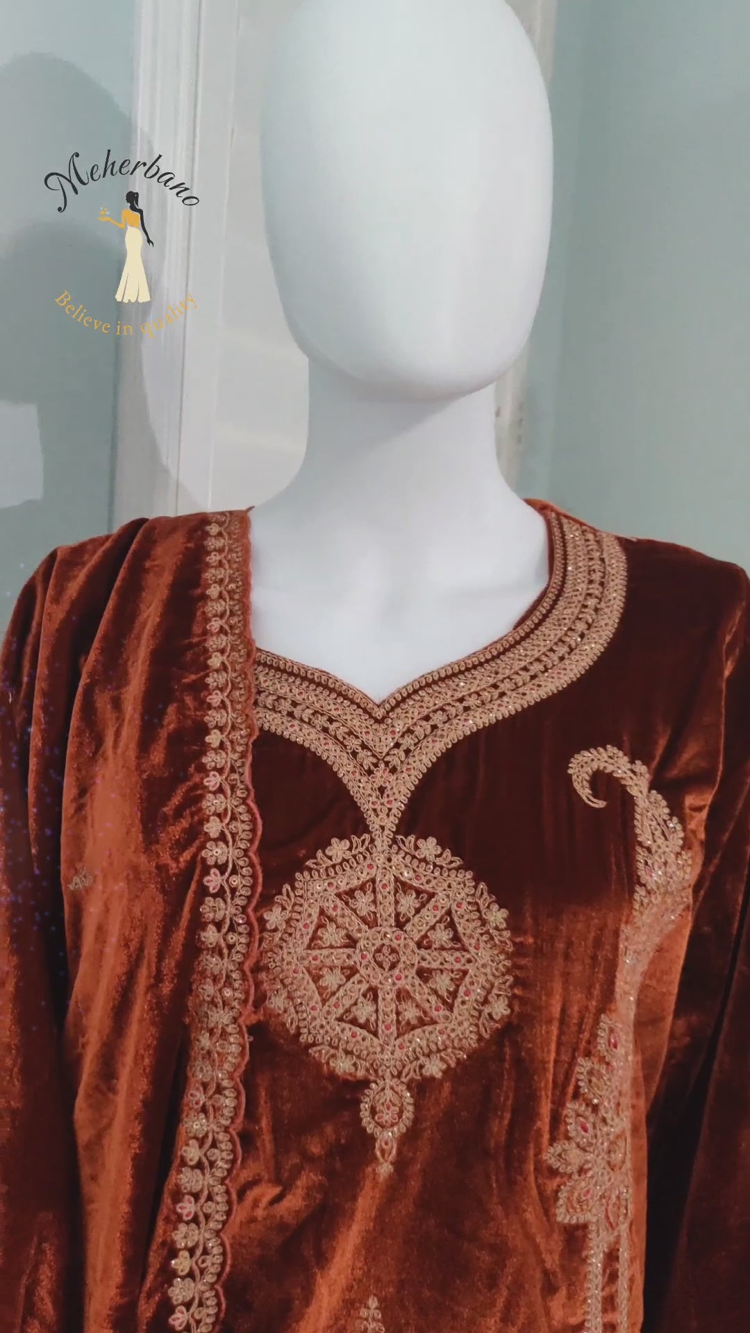 Fully Embroidered Brown Colour Velvet Suit With Embroidered Dupatta