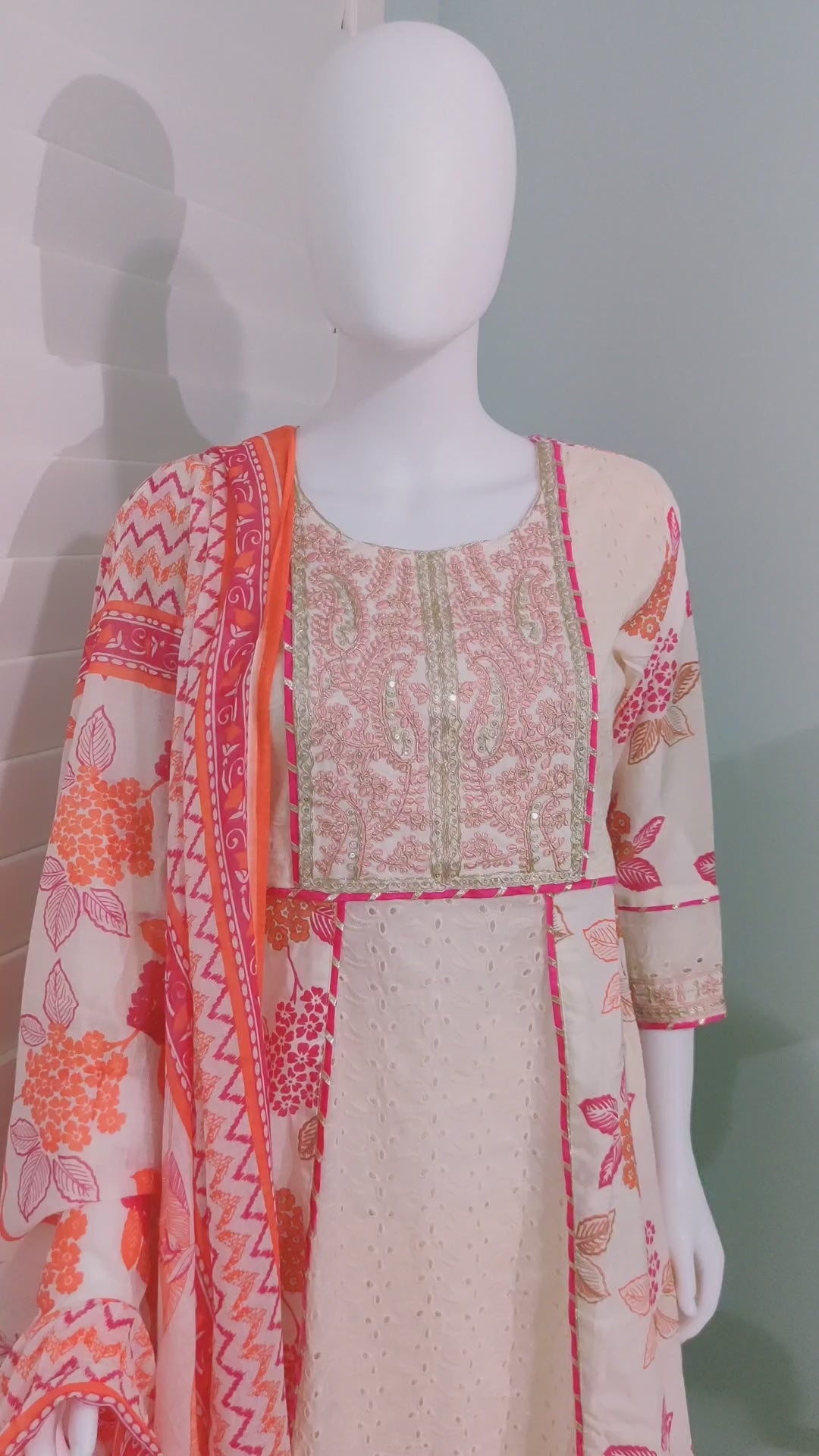 Off-White Chikankari A-Line Printed Kurta Set