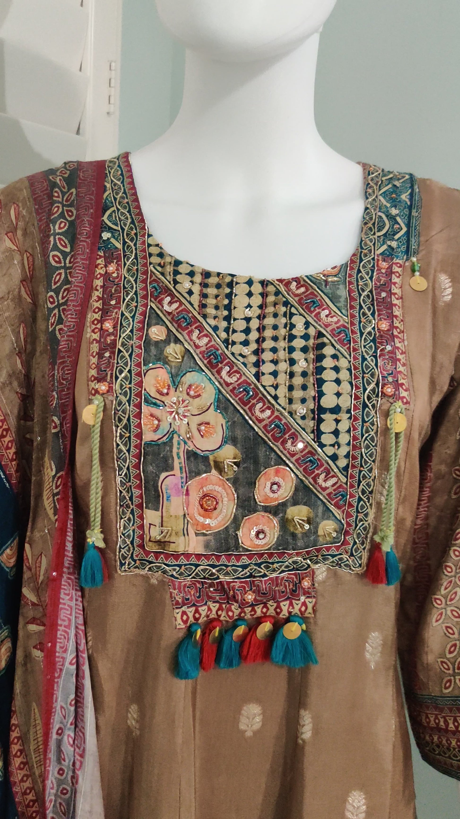 Brown-Gold Embroidered A-Line Kurta Set