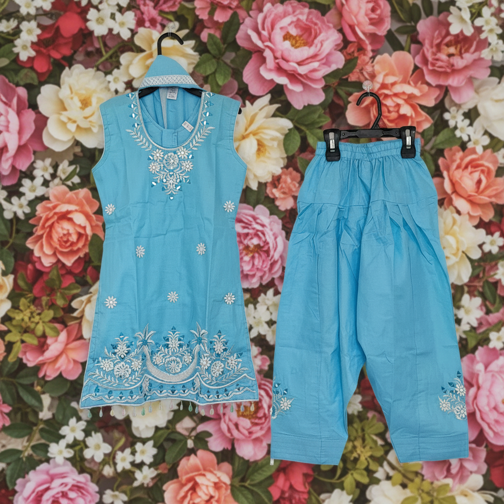 Little Girls’ Summer Wear Cotton Embroidered Salwar Suit Set — Light Blue