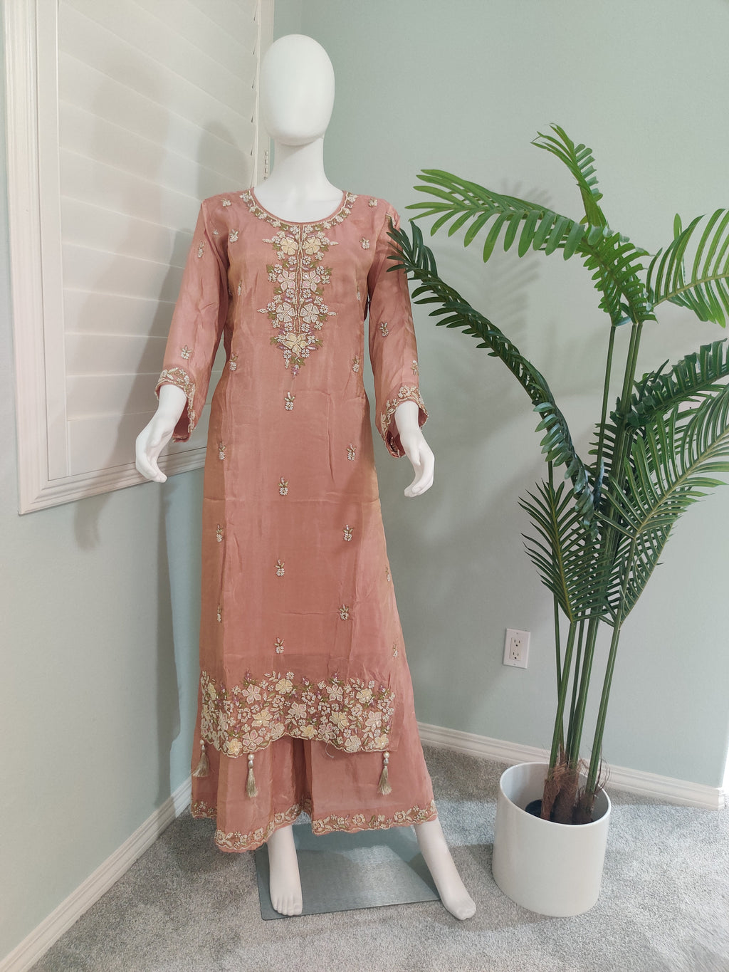 Peach Tissue Shimmer Handwork Embroidered Wedding Wear Suit