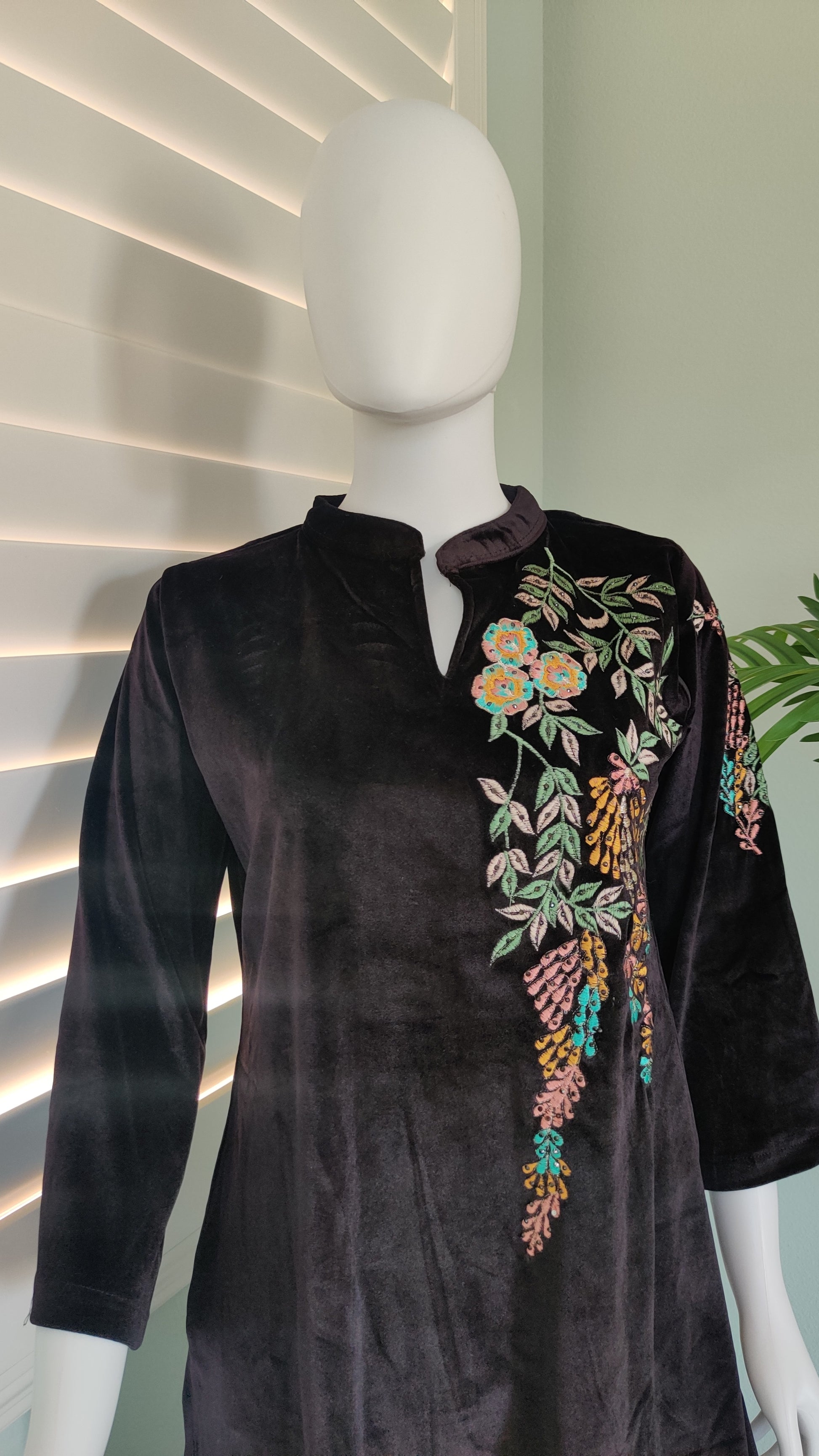 Brown Velvet Cord Set with Multicolor Floral Embroidery