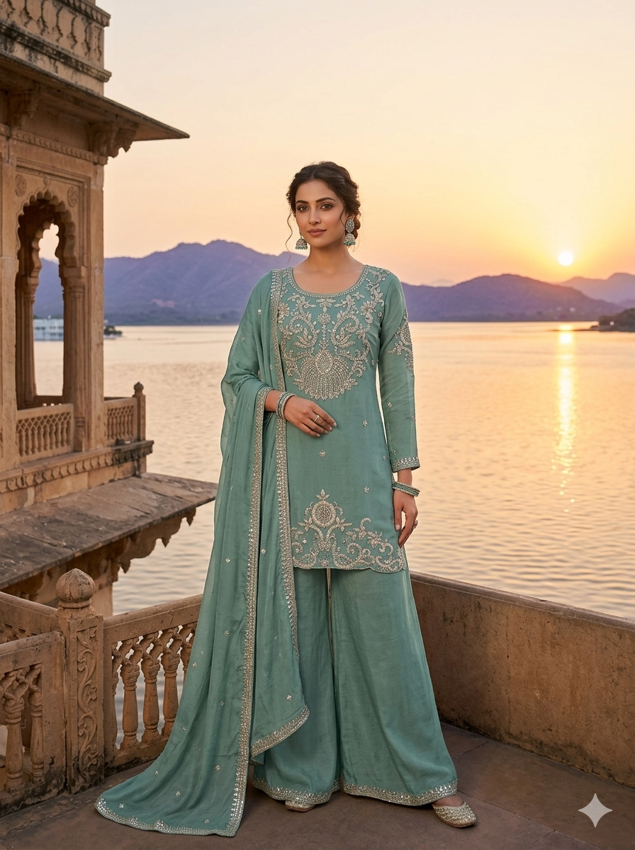 Green Wedding Wear Handwork Embroidered Plazzo Kurta Set