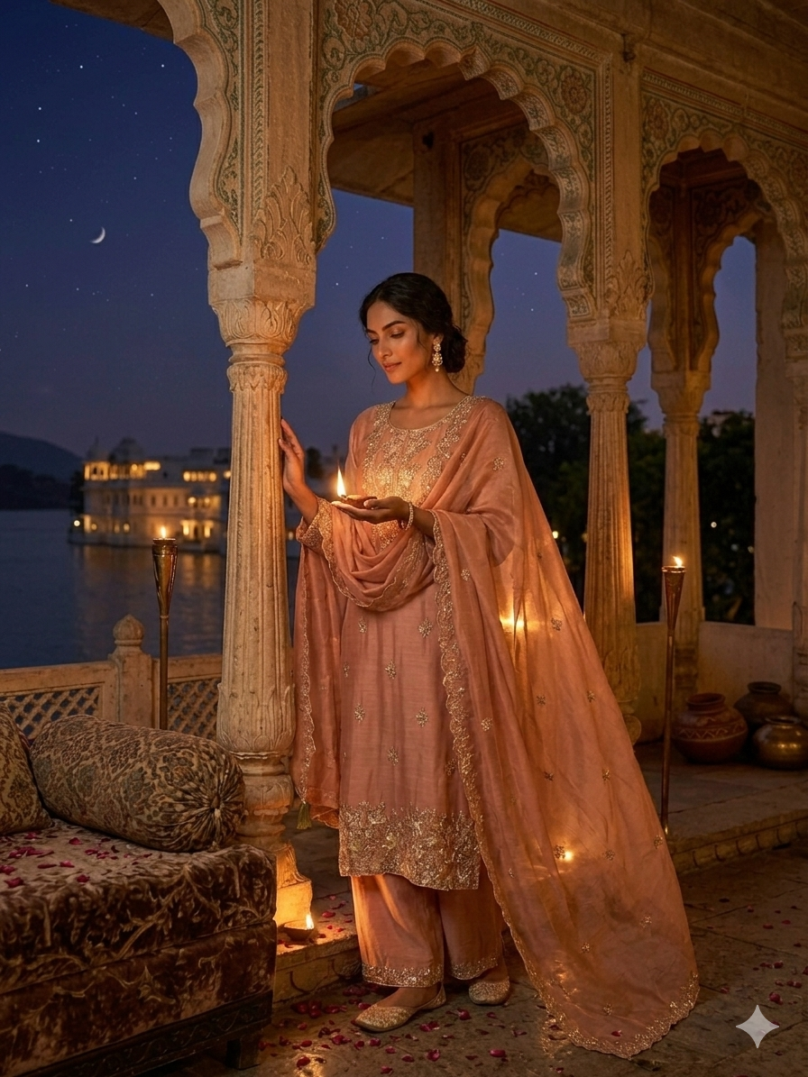 Peach Tissue Shimmer Handwork Embroidered Wedding Wear Suit