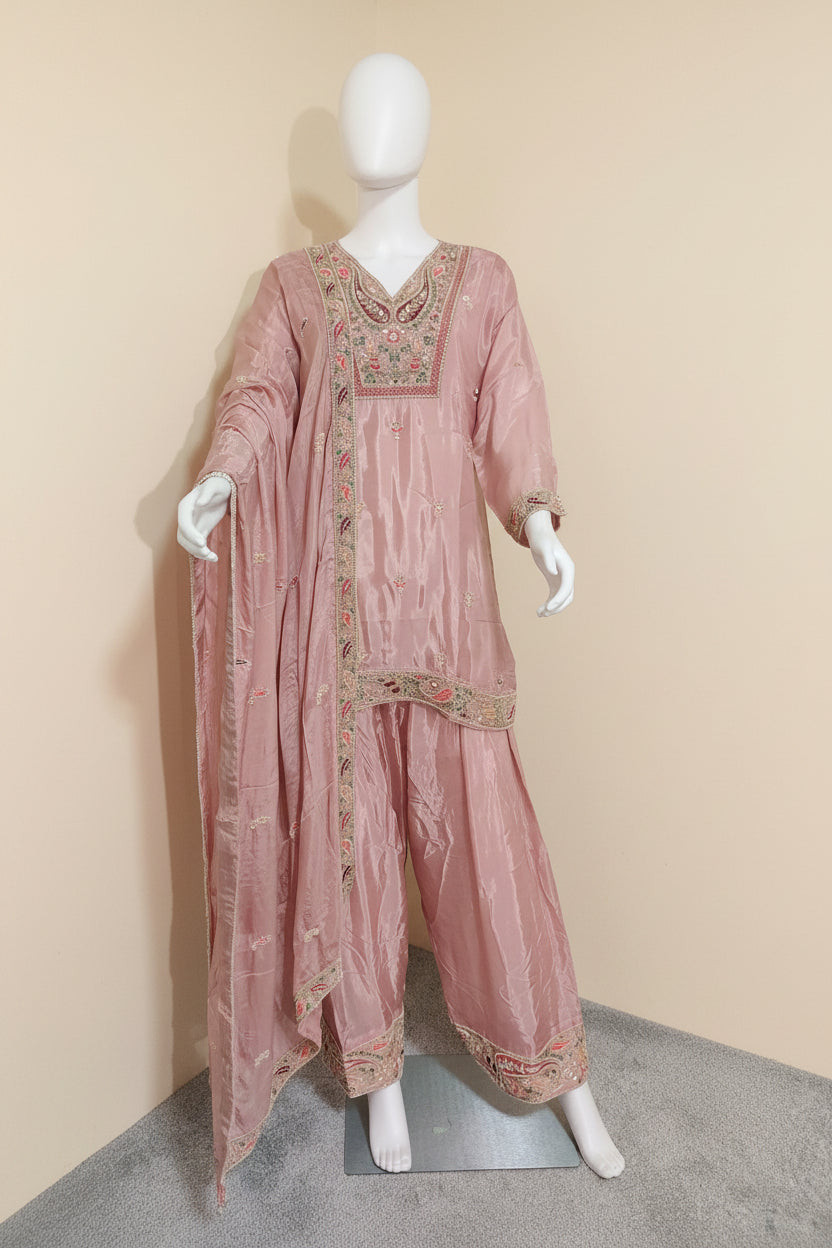 Light Pink Handwork Embroidered Farshi Salwar Suit