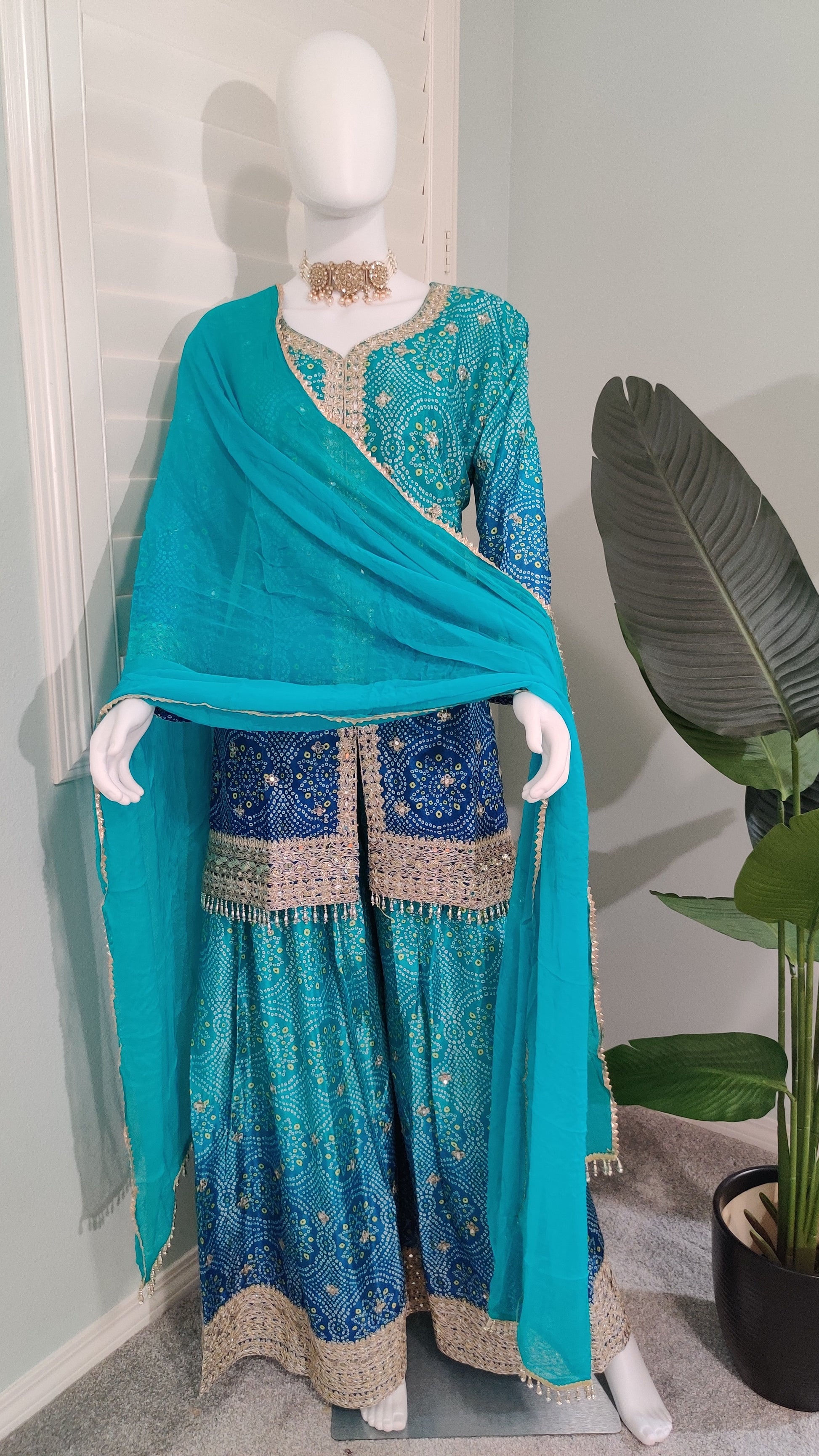 Chinnon Fabric Bandhej Print Heavy Palazzo Kurta Set