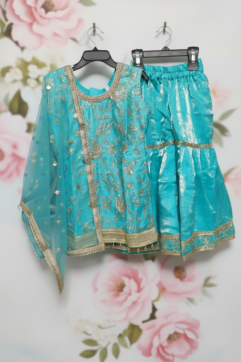 Turquoise Fendy Silk Sharara suit set for girls