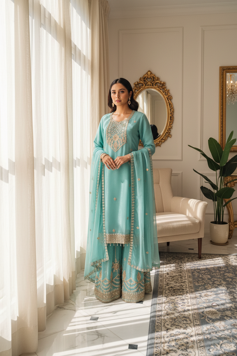 Pakistani Handwork Embroidered Plazzo Kurta Set