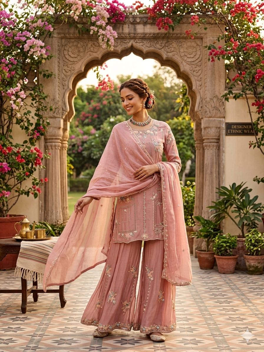 Peach Pink Handwork Embroidered Plazzo Kurta Set