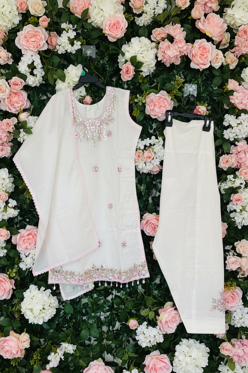 Off white Girls Summer Wear Cotton Suit