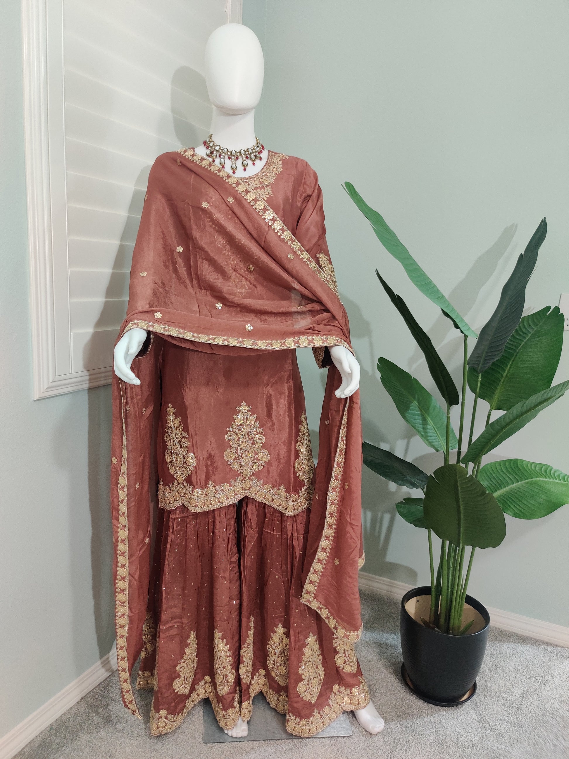 ✨ Brown Gold Embroidered Sharara Suit Set