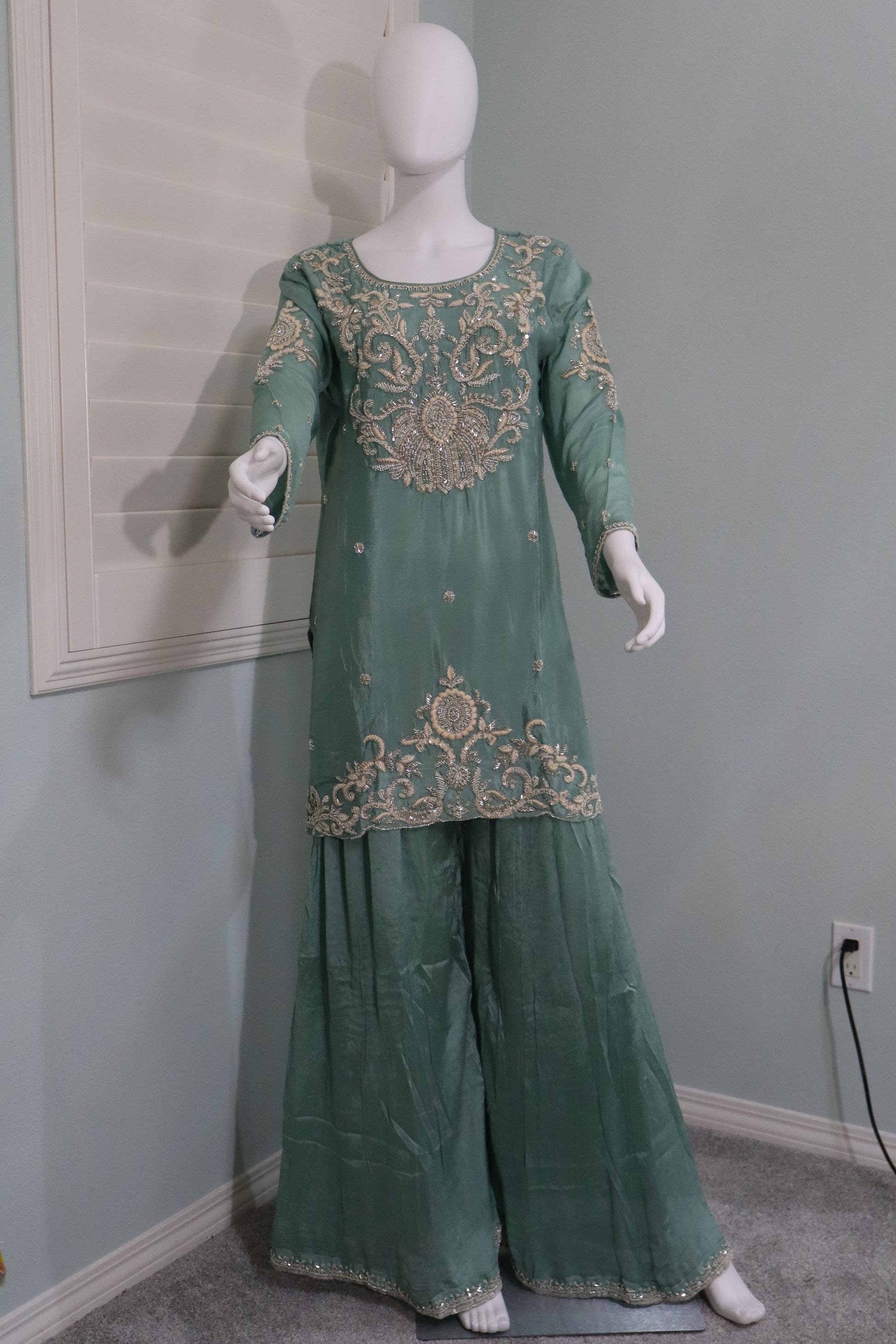 Green Wedding Wear Handwork Embroidered Plazzo Kurta Set