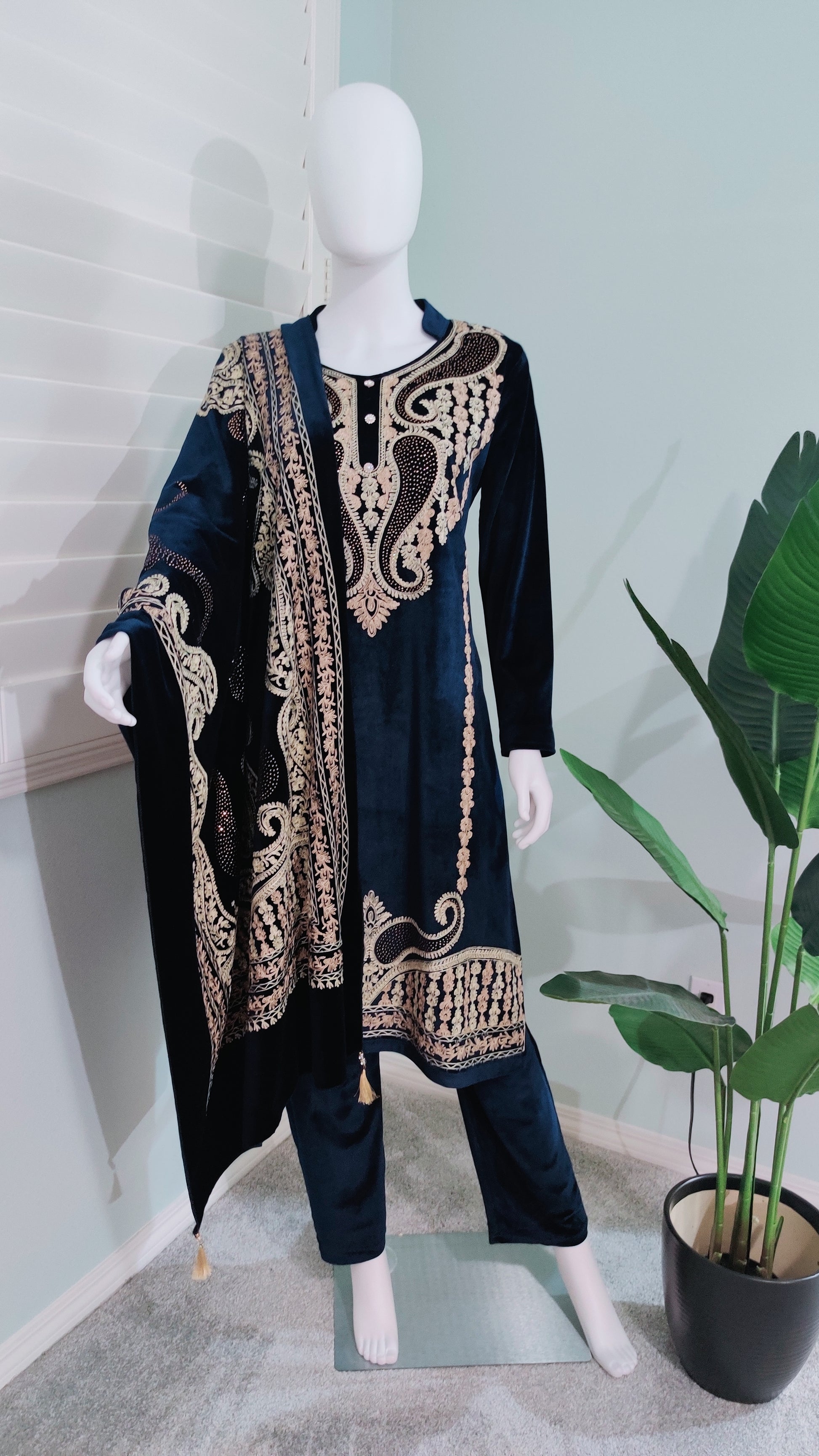 Navy Blue Fully Embroidered Velvet Kurta Set