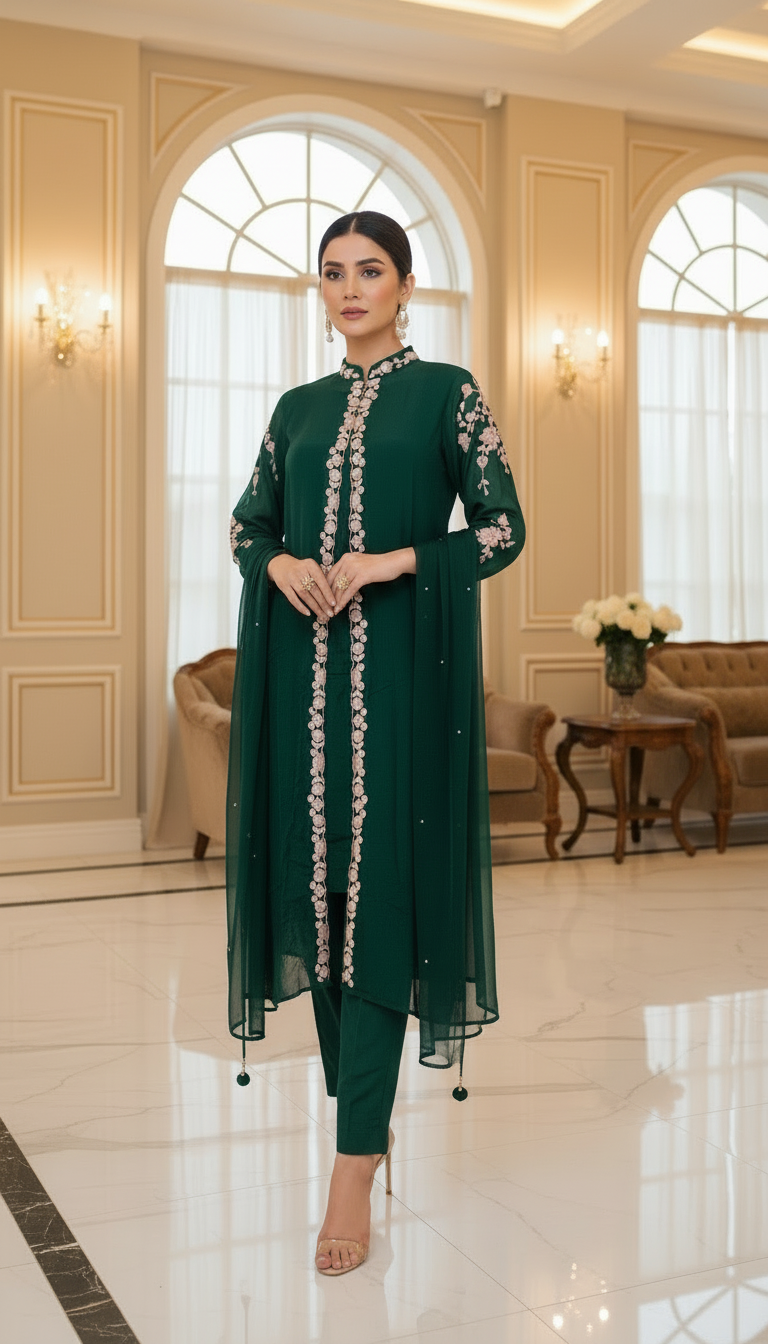 ✨ Bottle Green Elegance with Intricate Hand Embroidery