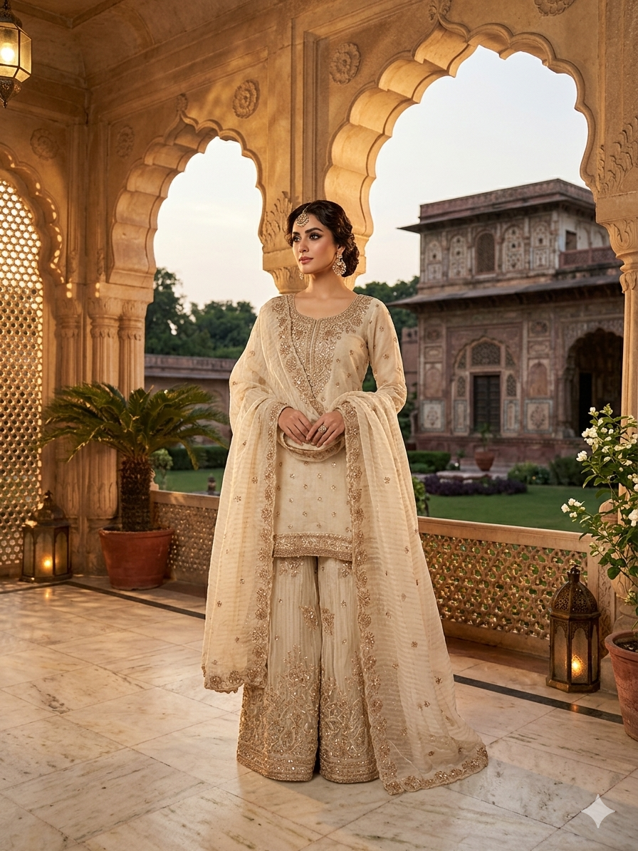 Beige Wedding Wear Handwork Embroidered Plazzo Suit