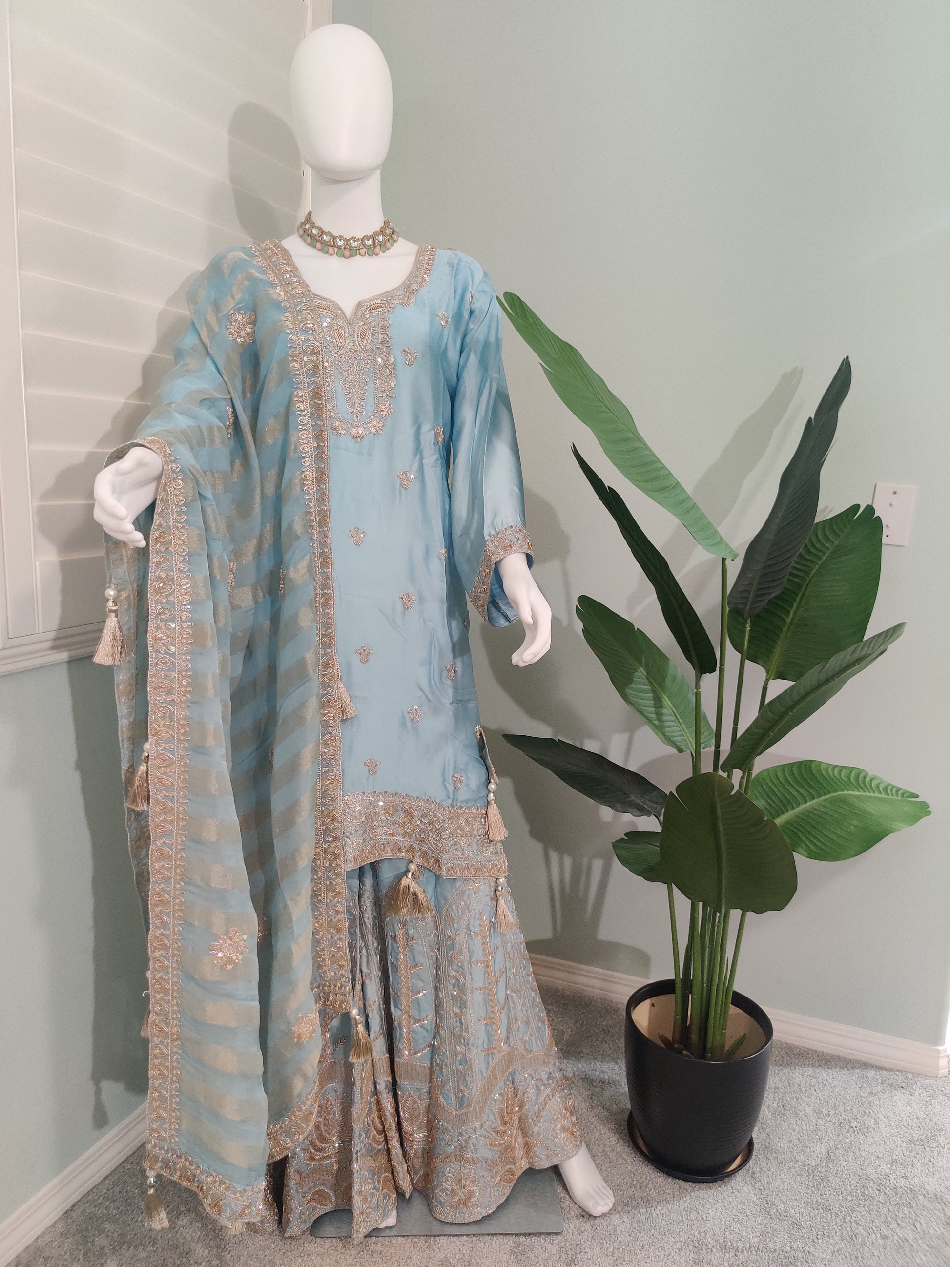 ✨ Silk Zari Embroidered Plazzo Kurta Set — Luxe & Regal