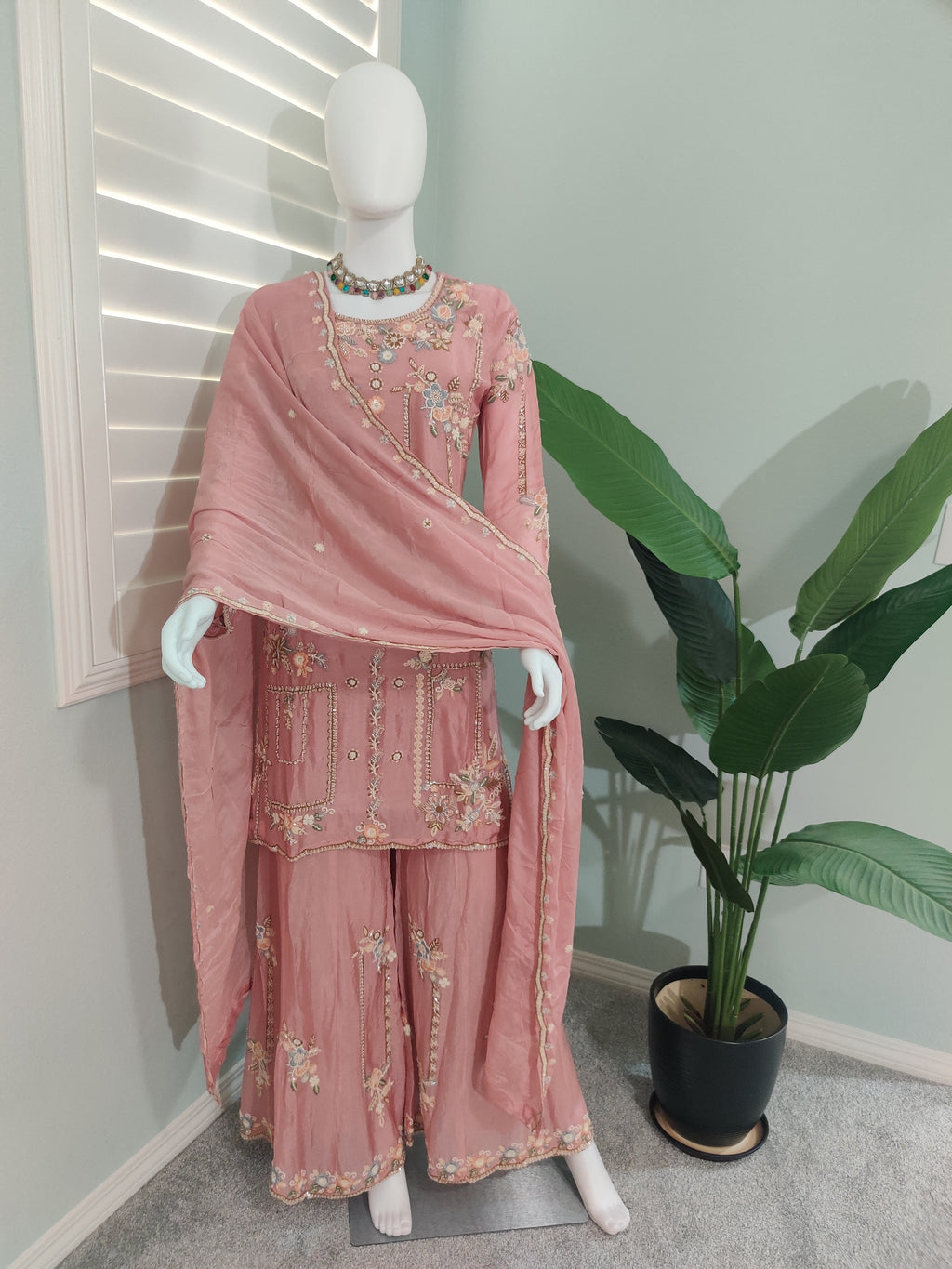 Peach Pink Handwork Embroidered Plazzo Kurta Set