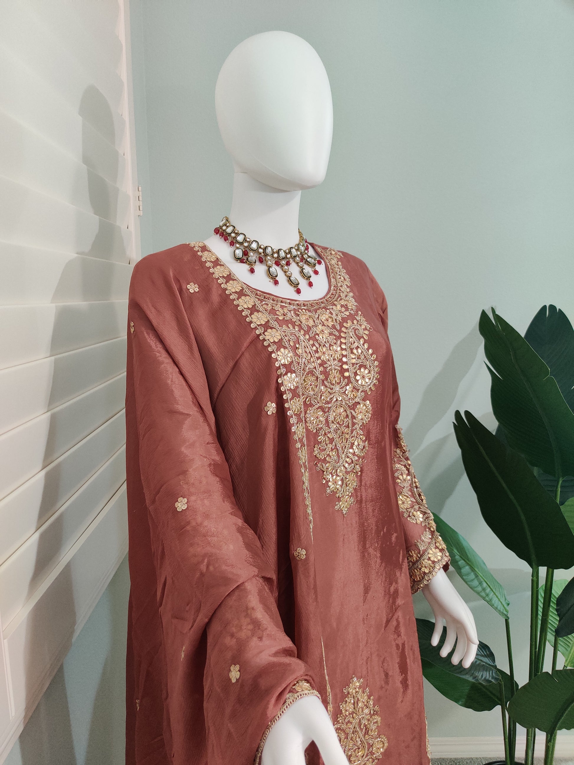 ✨ Brown Gold Embroidered Sharara Suit Set