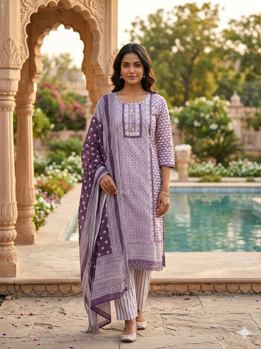 Lavendar Printed Summer Wear Cotton Kurta Set