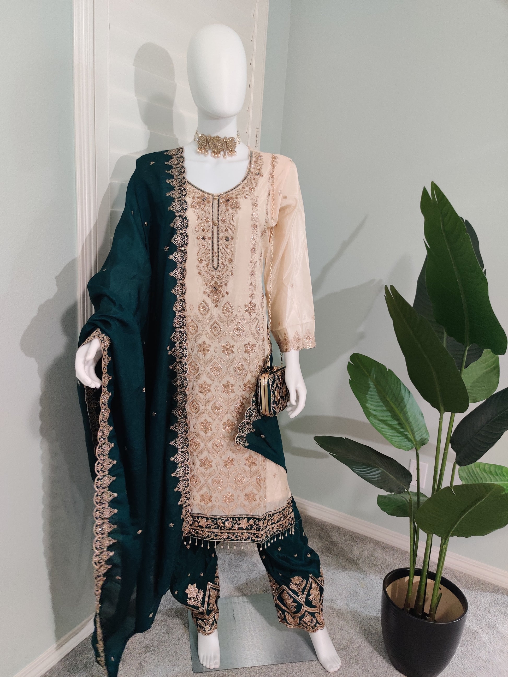 Glass Organza Embroidered Straight Pant Kurta set with Matching Purse