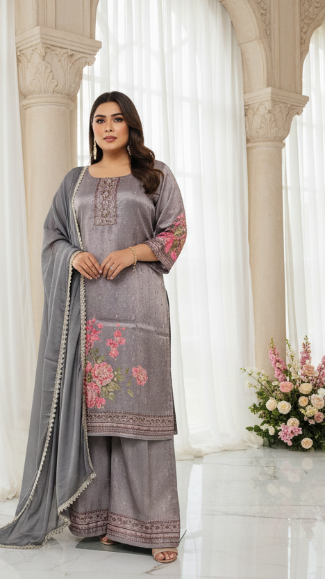 Grey Plazzo Kurta Set in Plus Size