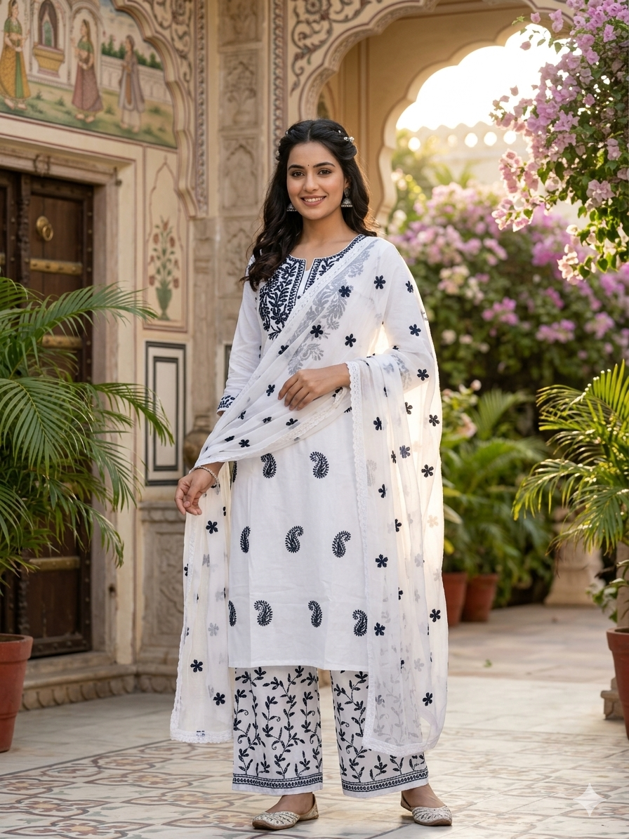 White Chikan Embroidered Summer Wear Plazzo Suit