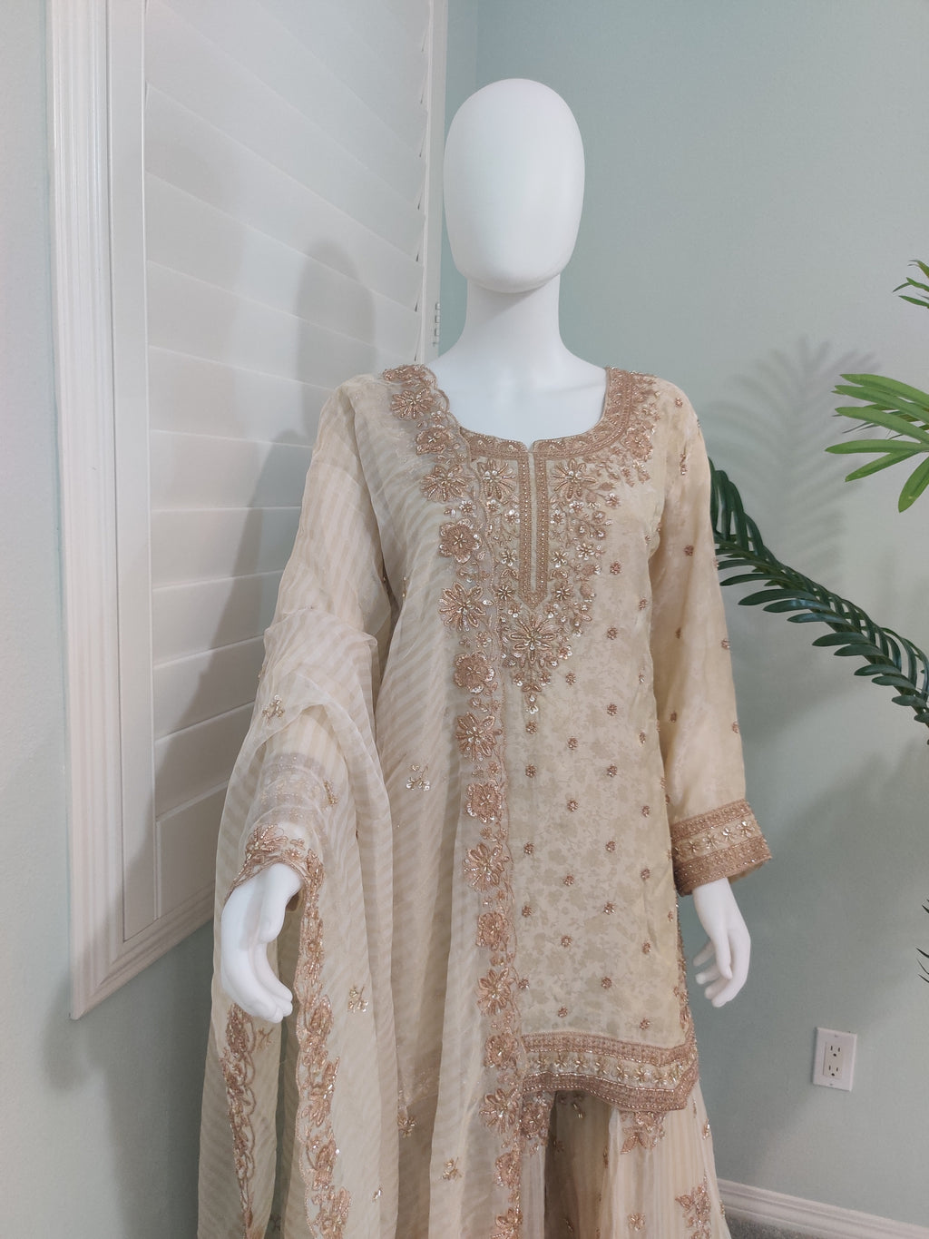 Beige Wedding Wear Handwork Embroidered Plazzo Suit