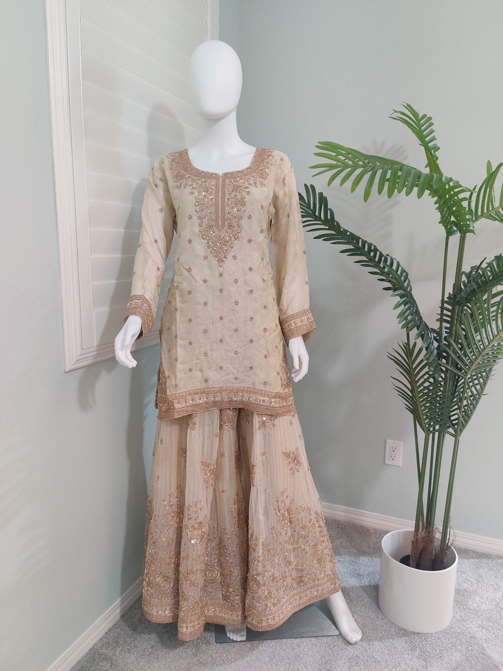 Beige Wedding Wear Handwork Embroidered Plazzo Suit