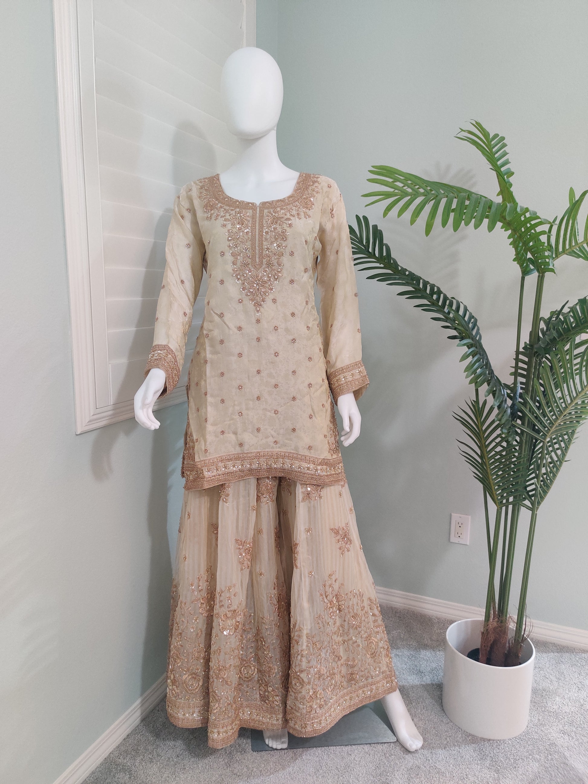 Beige Wedding Wear Handwork Embroidered Plazzo Suit
