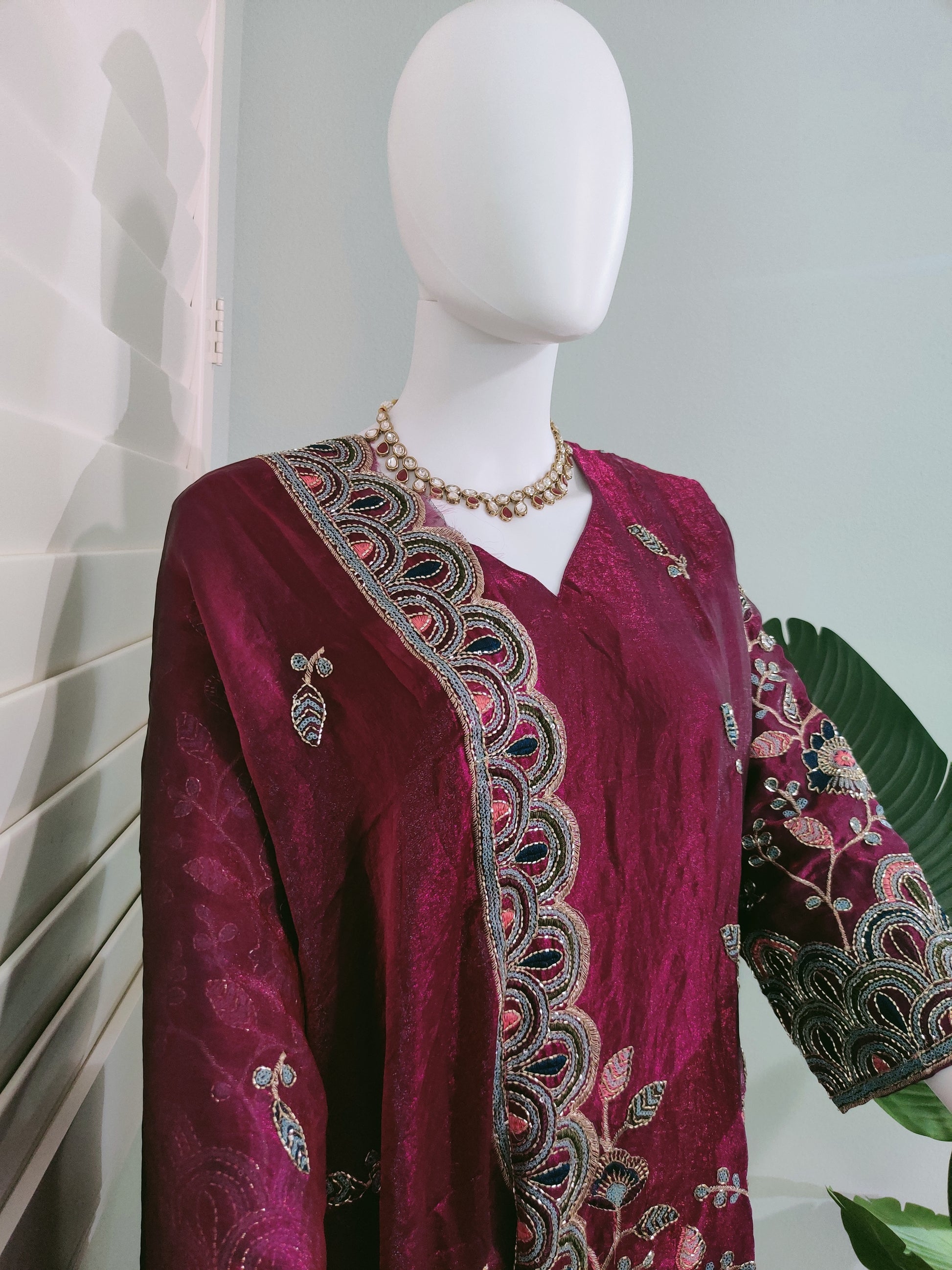 Plus Size Plazzo Suit set in Tissue Shimmer with Potli