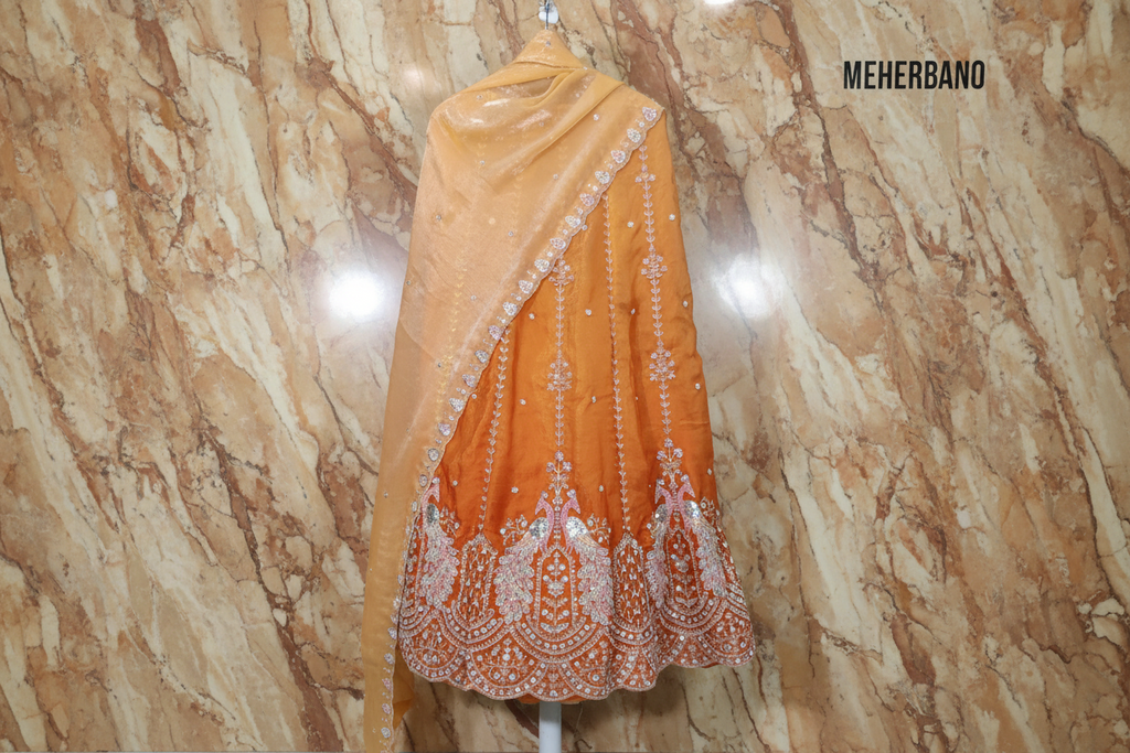 Mustard Yellow Peacock Embroidered Party Wear Lehenga