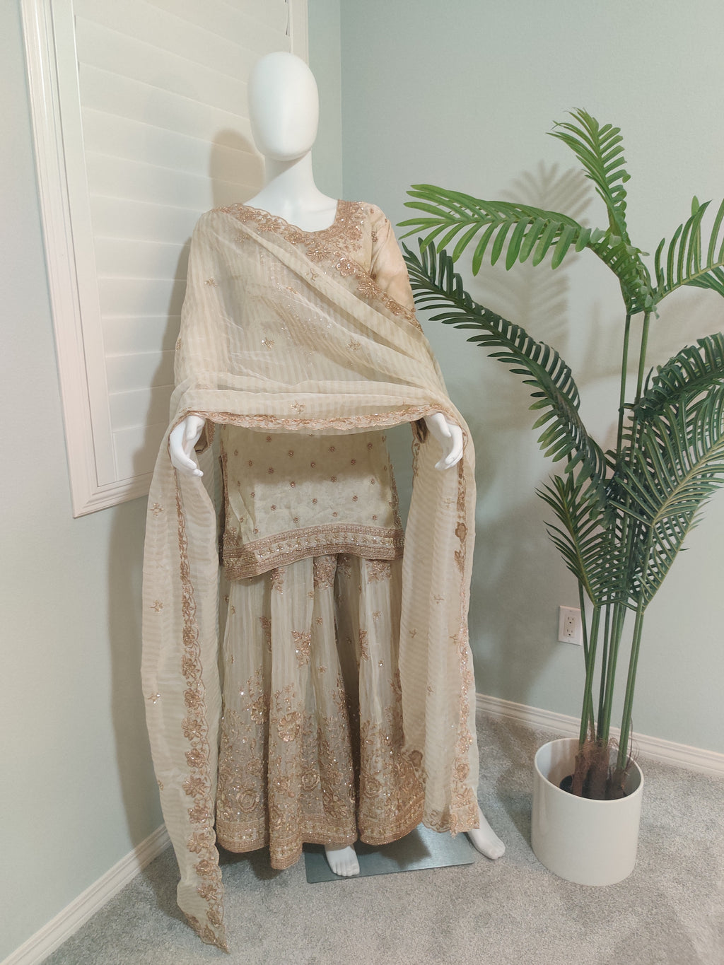 Beige Wedding Wear Handwork Embroidered Plazzo Suit