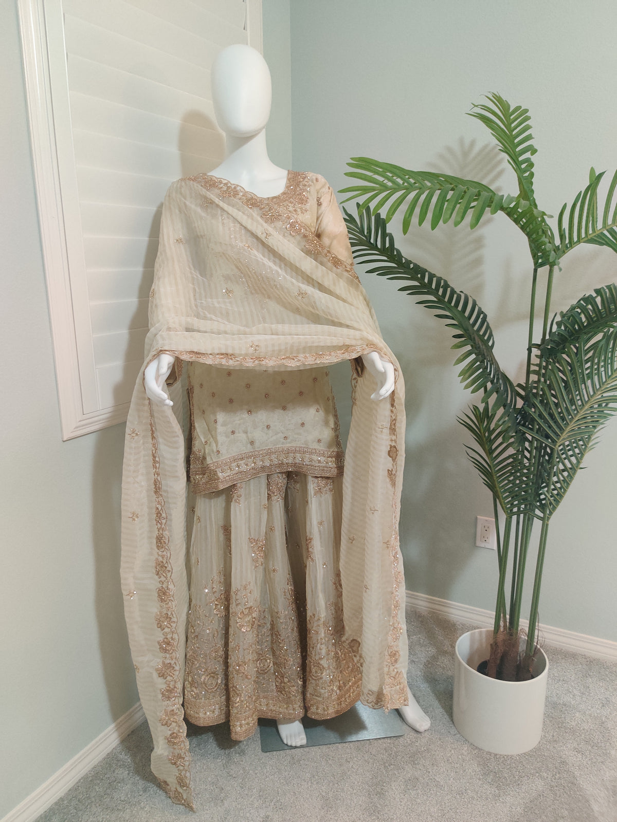 Beige Wedding Wear Handwork Embroidered Plazzo Suit