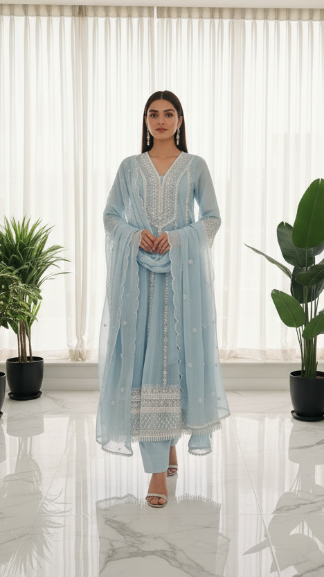 Powder Blue Mul Cotton Anarkali Kurta Set