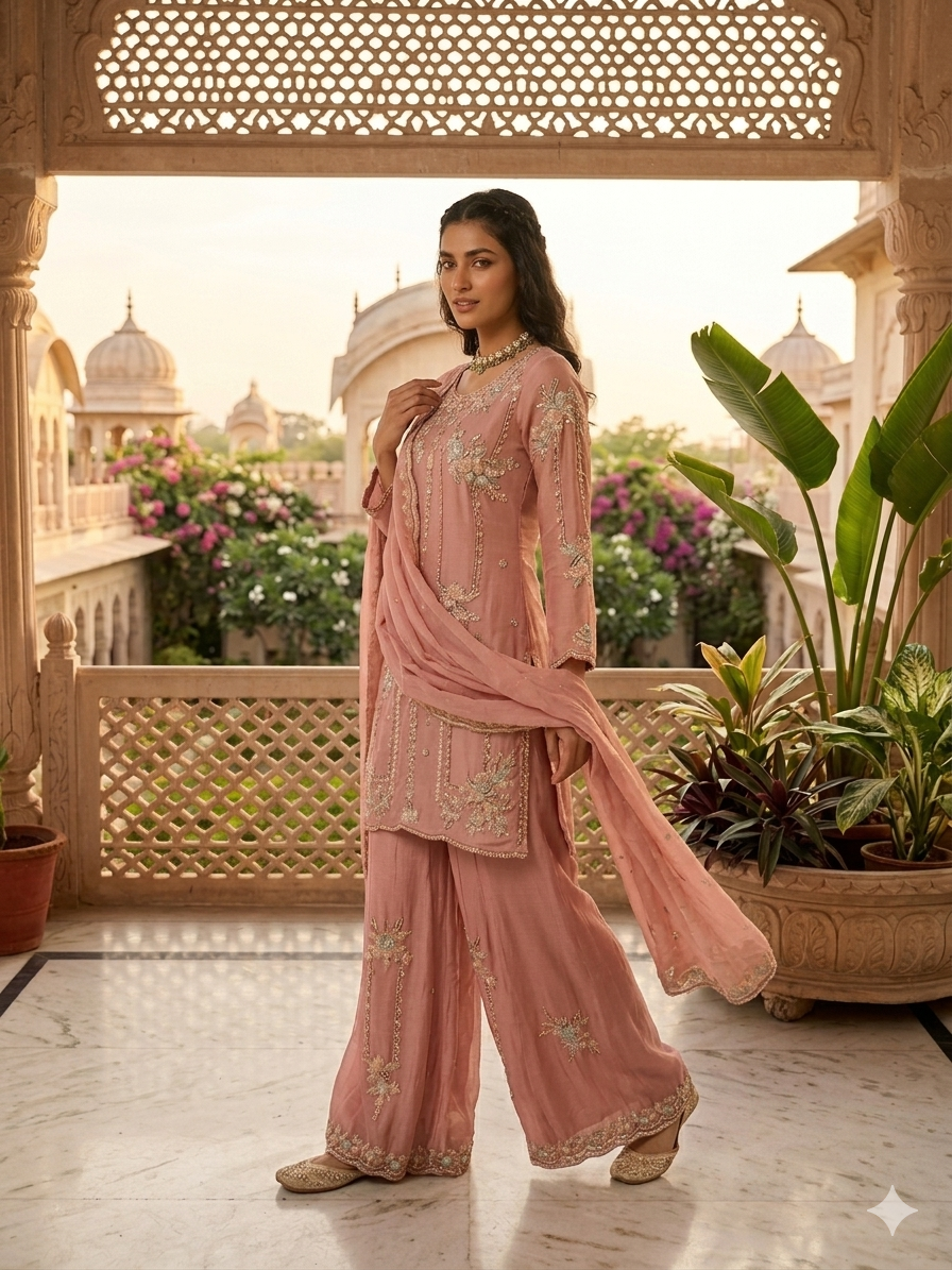Peach Pink Handwork Embroidered Plazzo Kurta Set