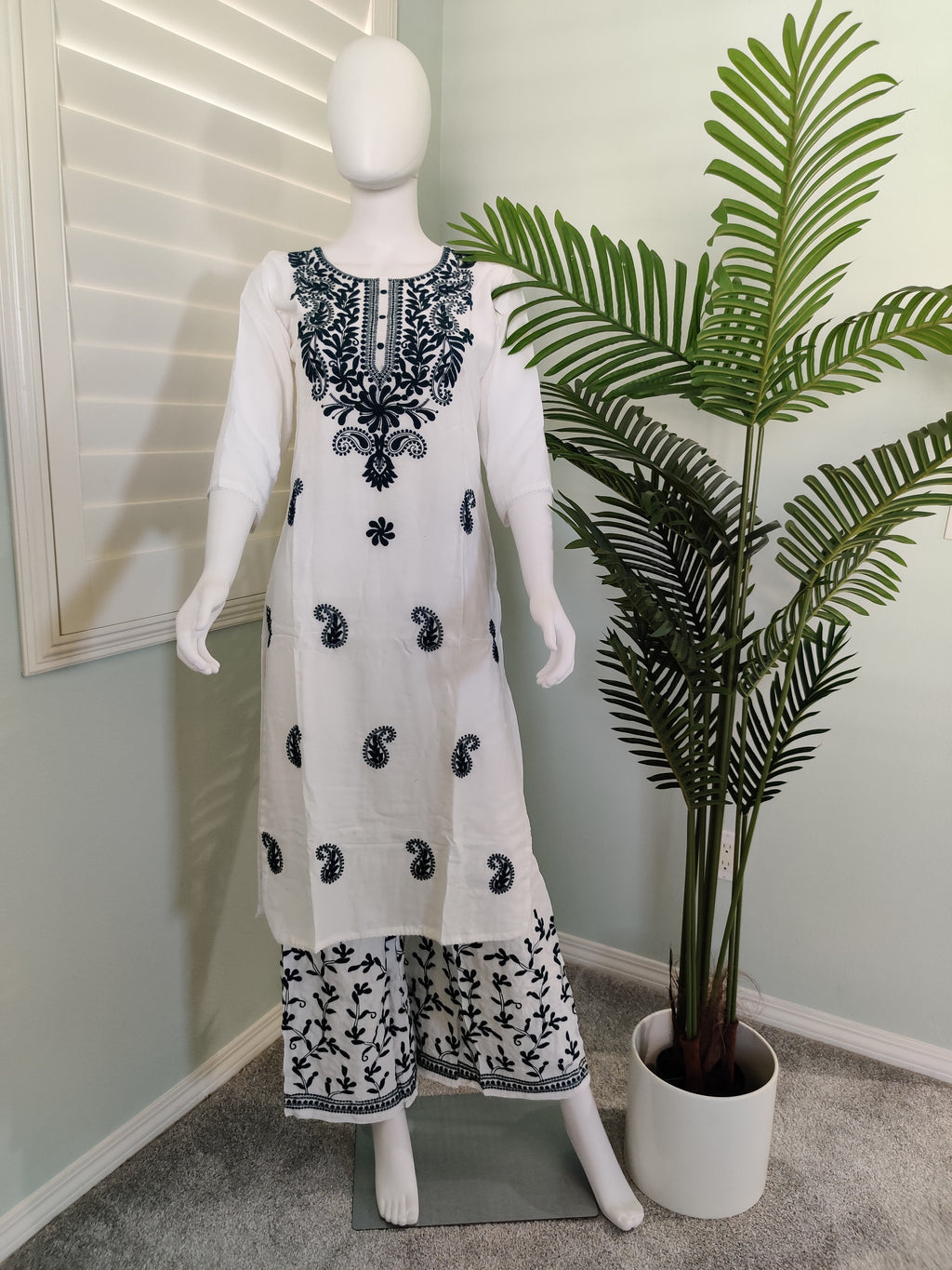 White Chikan Embroidered Summer Wear Plazzo Suit