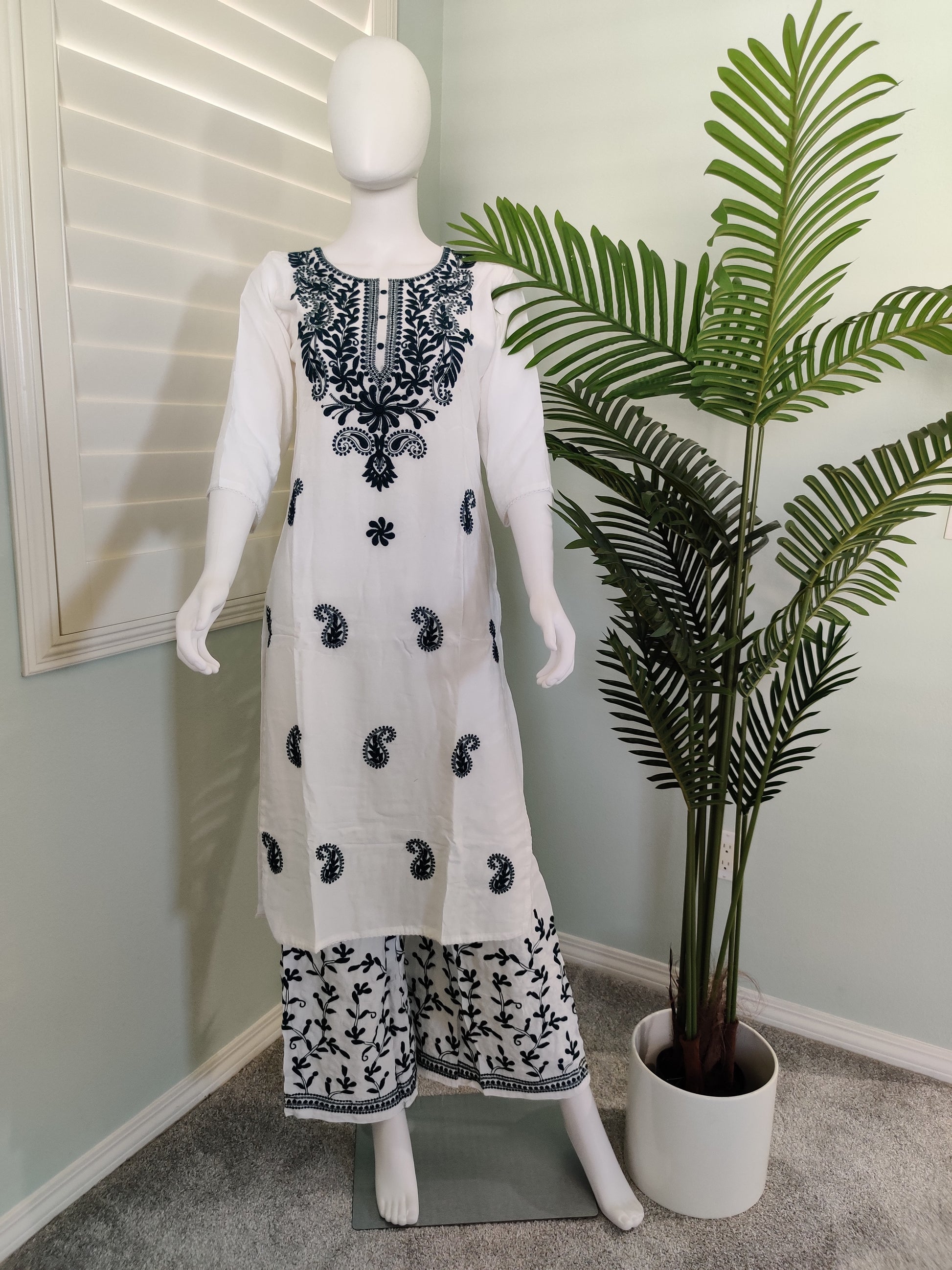 White Chikan Embroidered Summer Wear Plazzo Suit