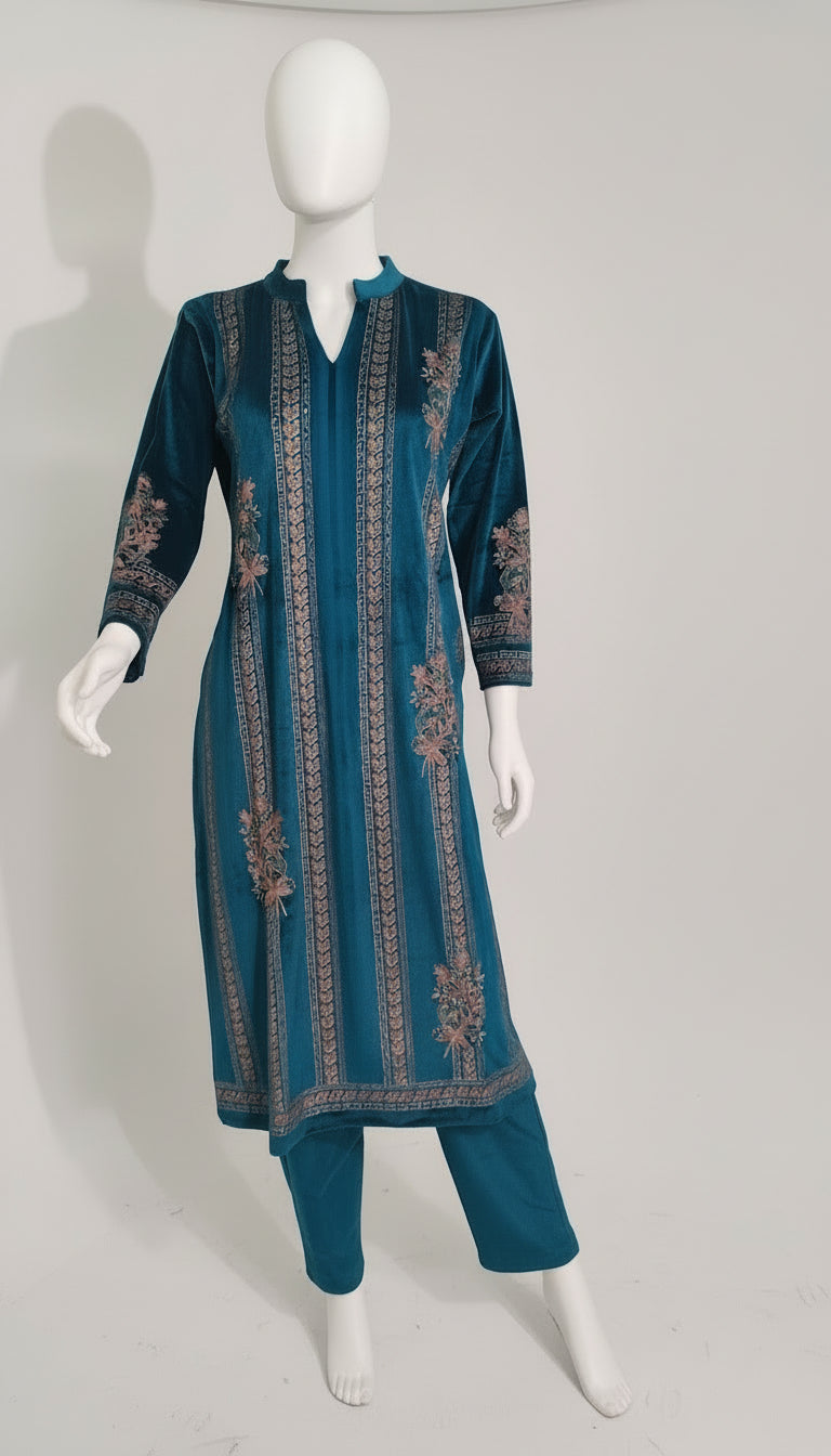 Teal Twilight: Embroidered Elegance in Velvet