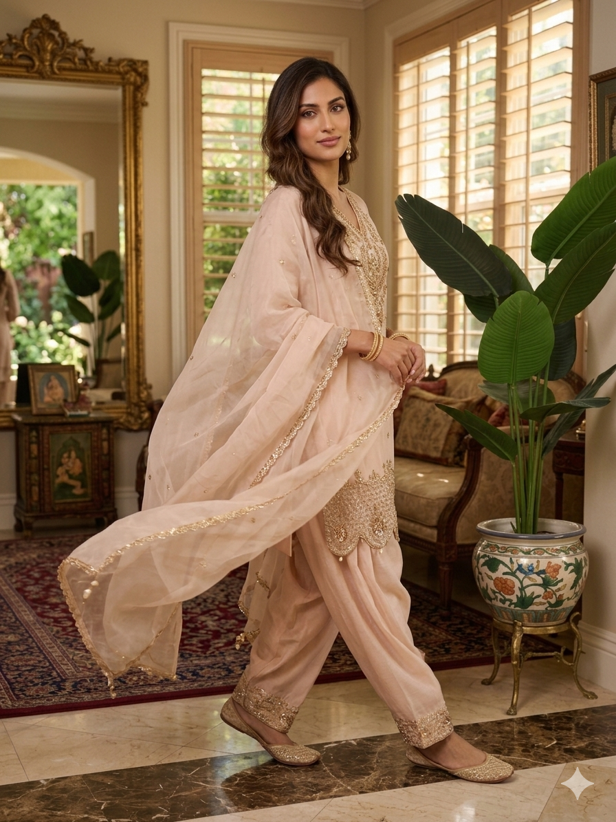 Festive Wear Beige Handwork Embroidered Farshi Salwar Kurta Set