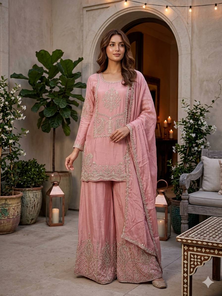 Pastel Pink Zari Embroidered Festive Wear Plazzo Kurta Set