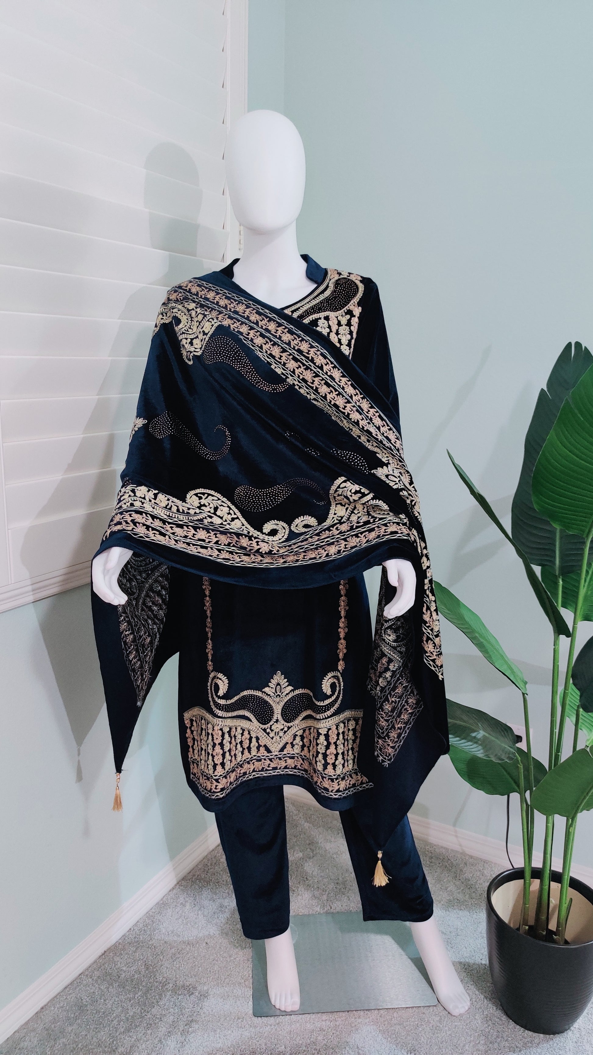 Navy Blue Fully Embroidered Velvet Kurta Set