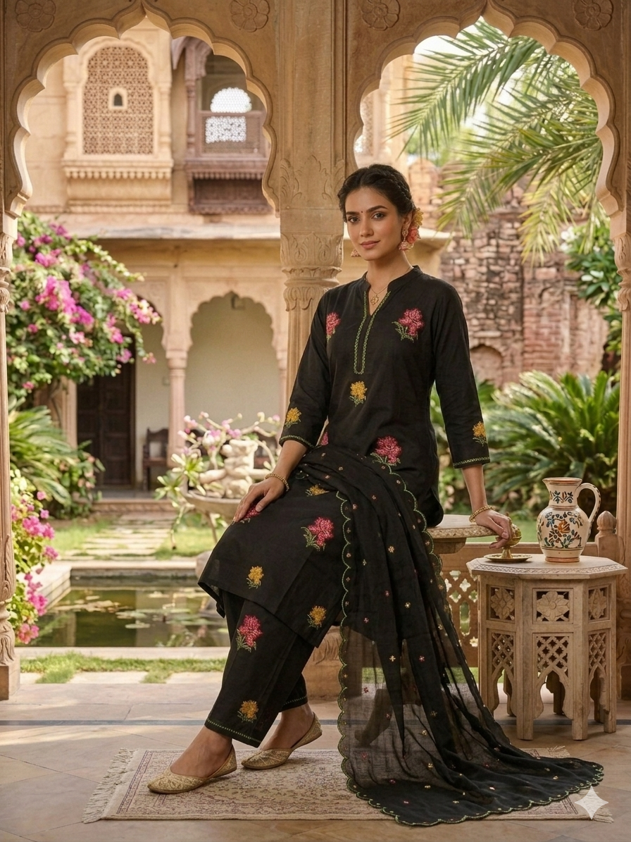 Elegant Black Cotton Embroidered Kurta & Palazzo Set