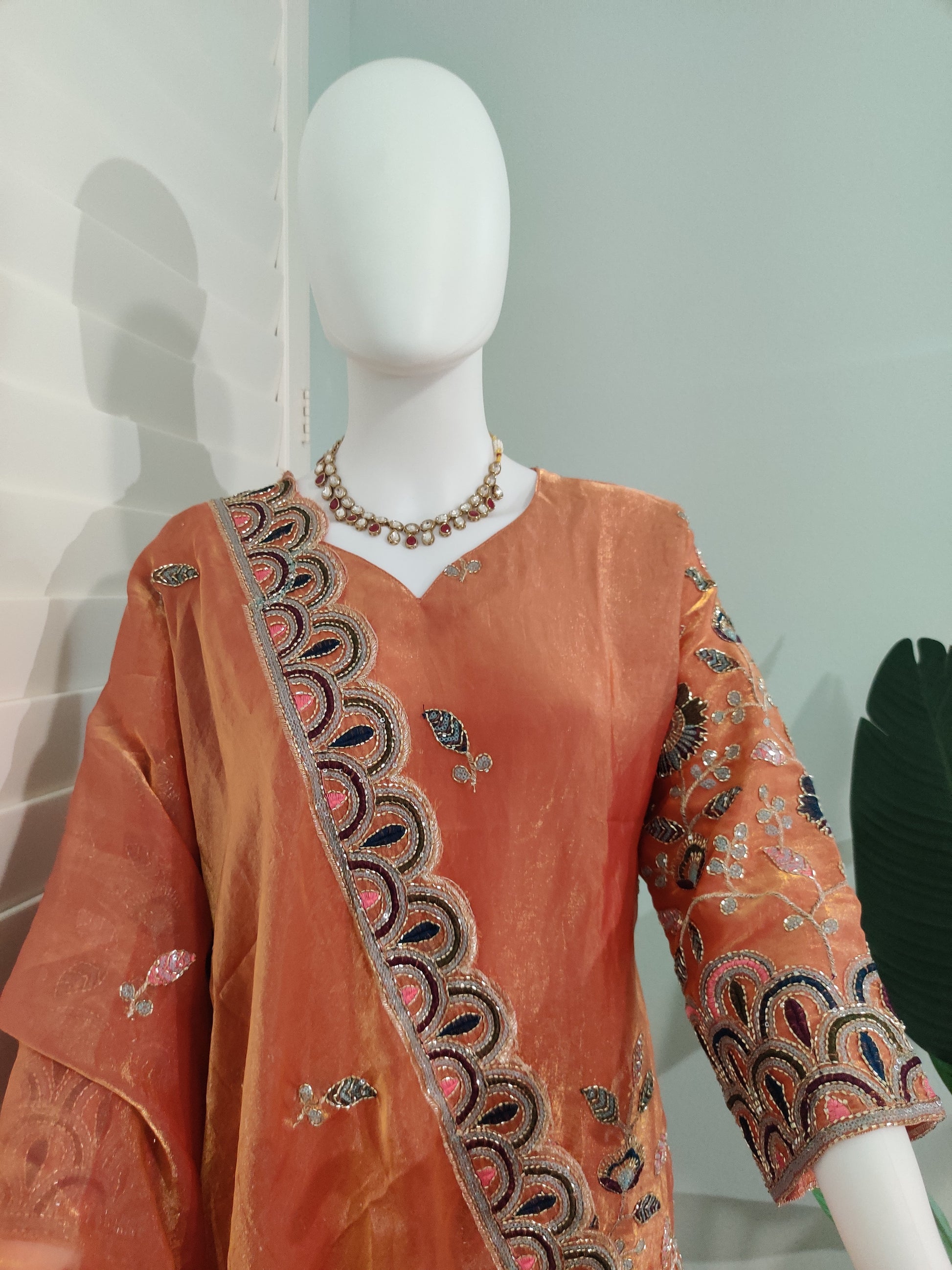 Plus Size Plazzo Suit set in Tissue Shimmer with Potli