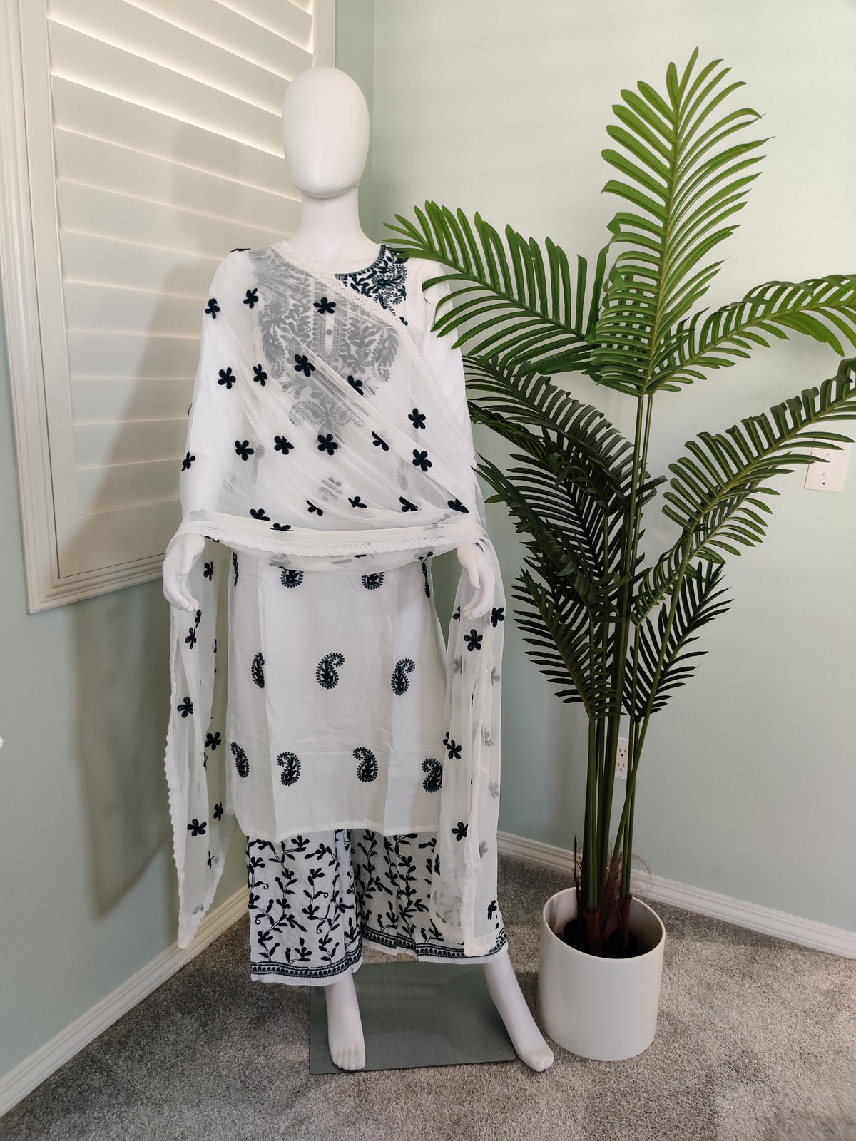 White Chikan Embroidered Summer Wear Plazzo Suit
