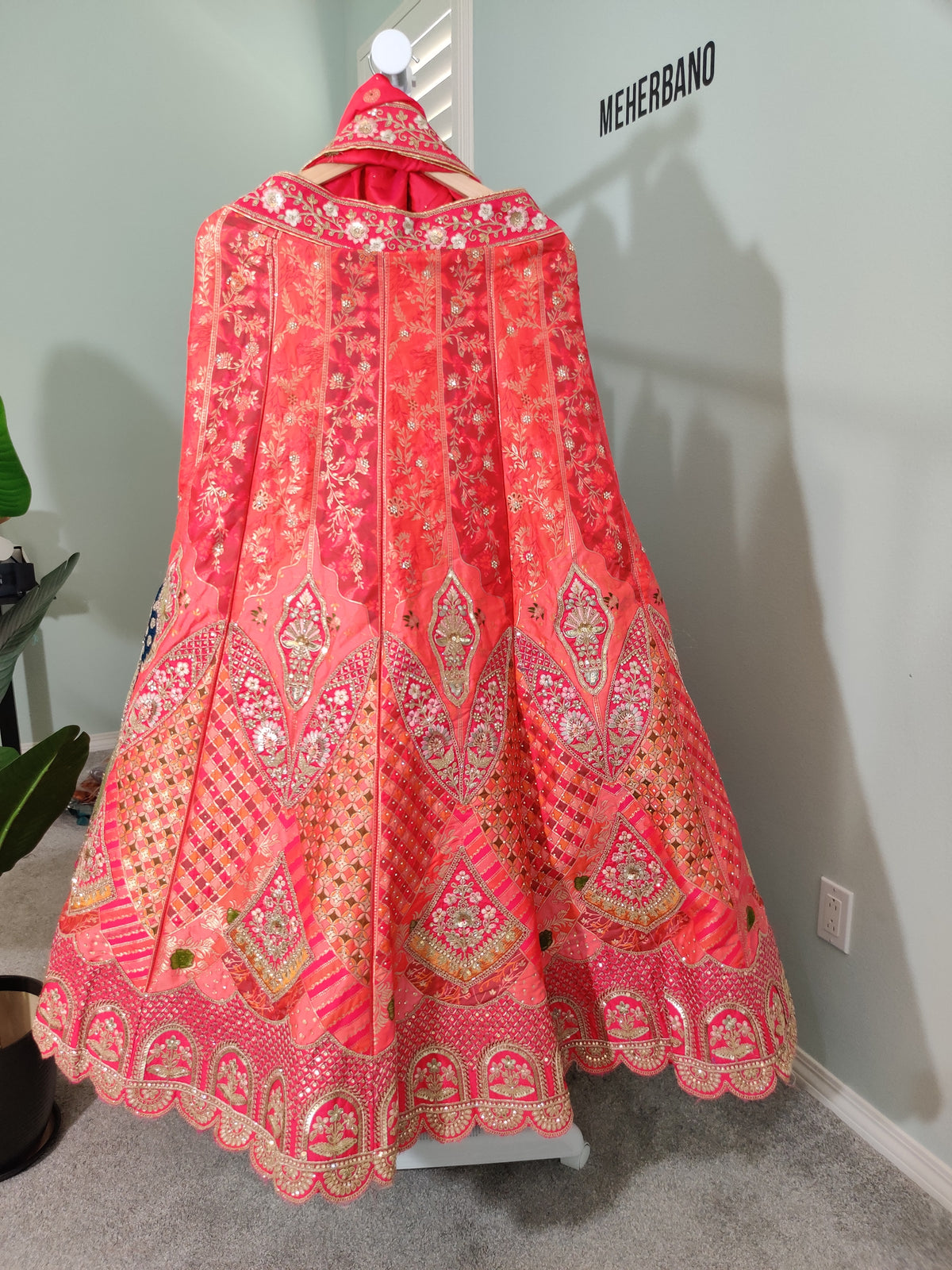 Lehenga – Pink and Orange Mirror work lehenga in Bloom”