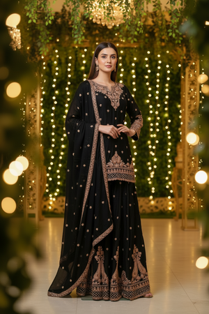 Black Handwork Embroidered Wedding Wear Plazzo Suit