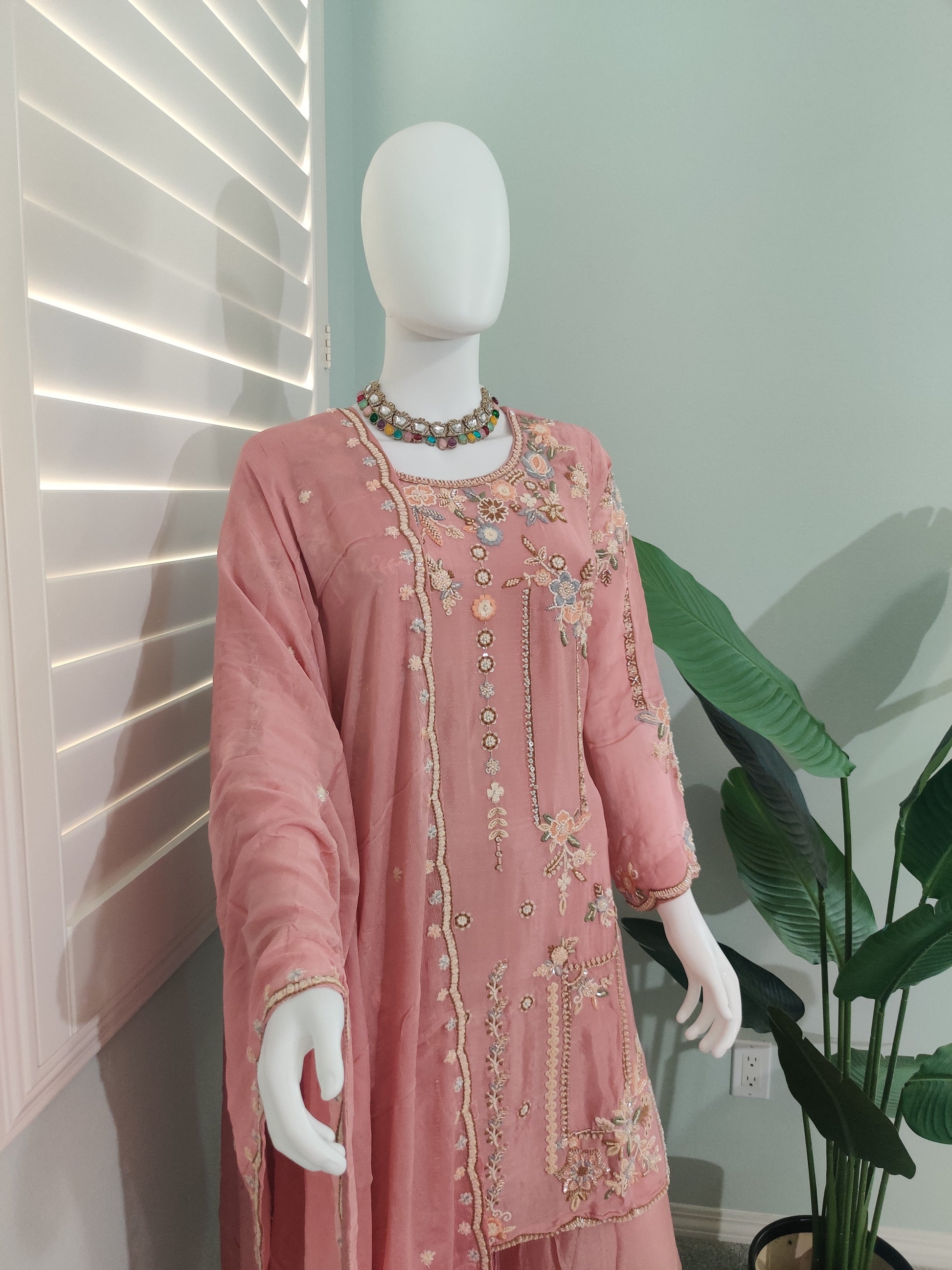Peach Pink Handwork Embroidered Plazzo Kurta Set