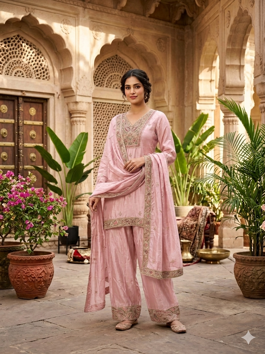 Light Pink Handwork Embroidered Farshi Salwar Suit