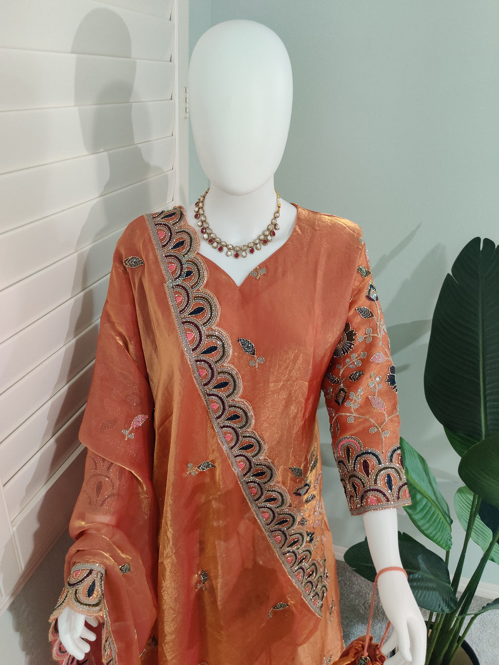 Plus Size Plazzo Suit set in Tissue Shimmer with Potli